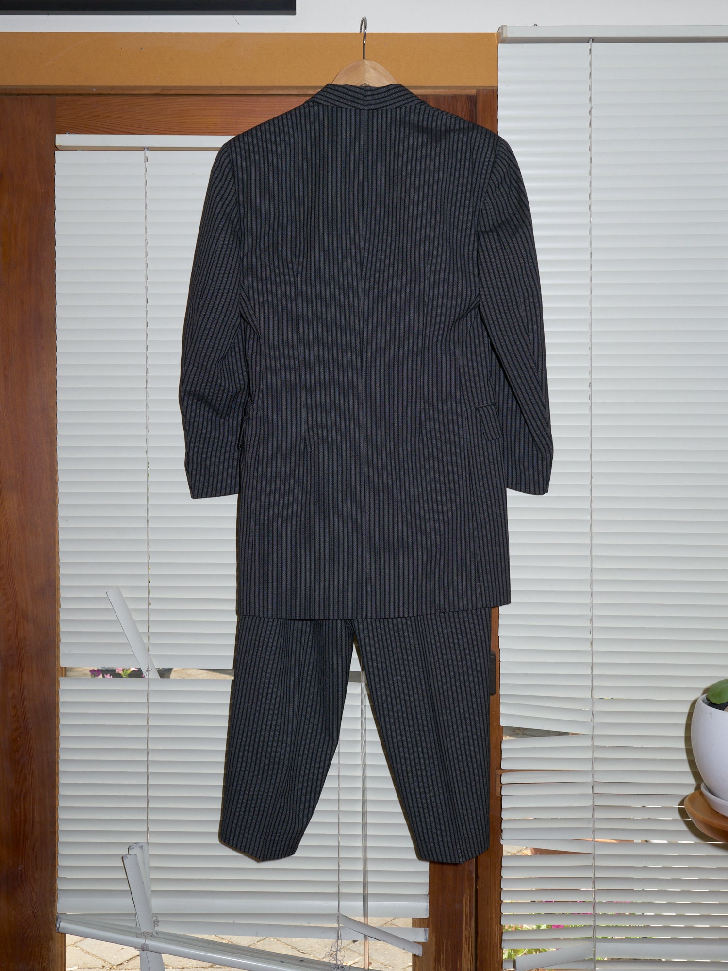 Comme des Garcons 80s grey wool stripe shawl collar coat trouser