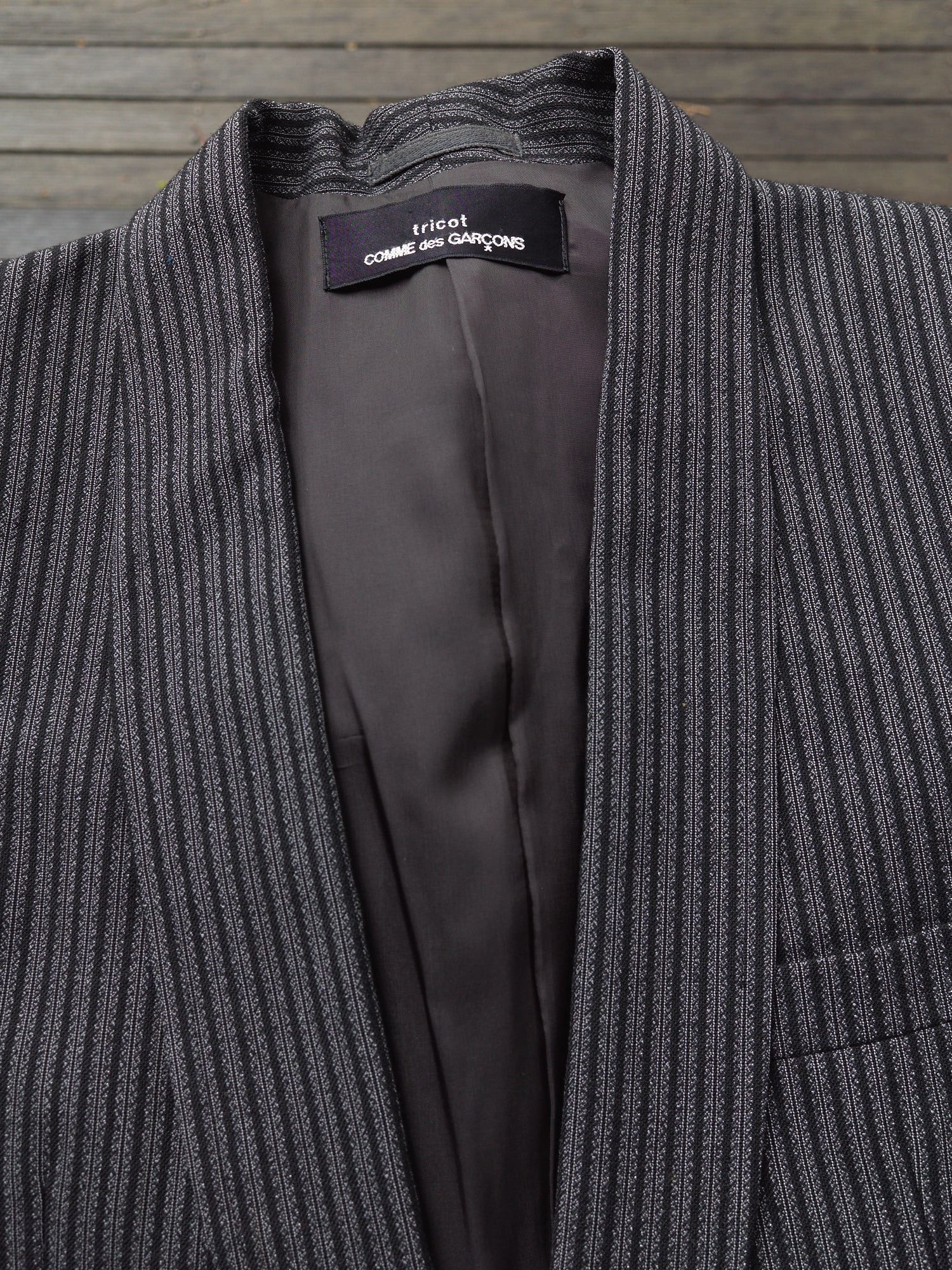 Comme des Garcons 80s grey wool stripe shawl collar coat trouser 