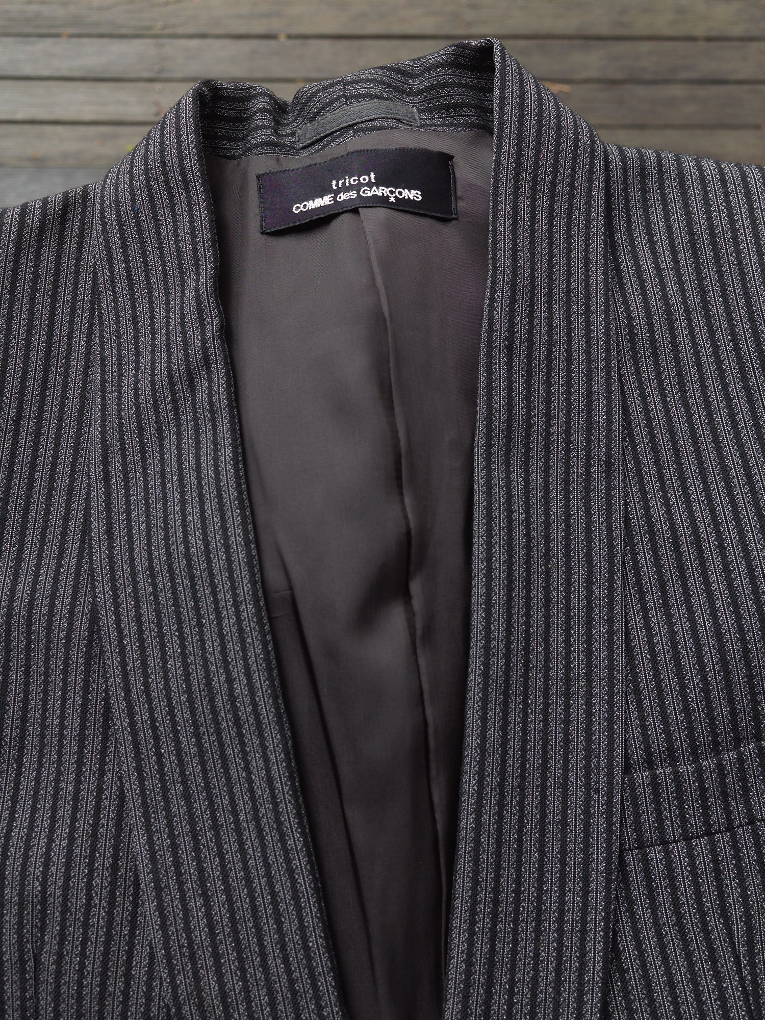 Comme des Garcons 1980s grey wool stripe shawl collar coat trouser suit - size S