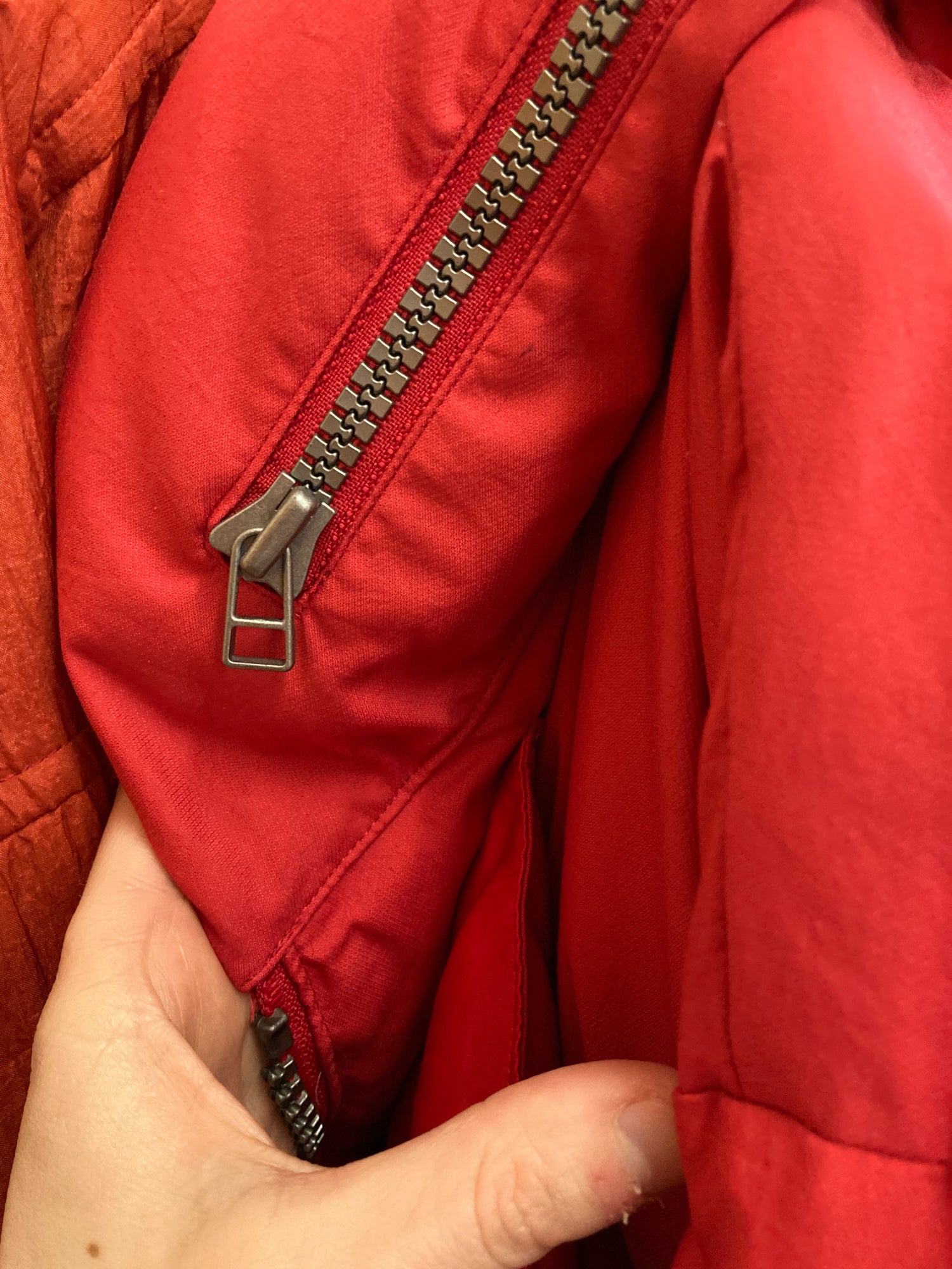 Issey Miyake 1990s red polyester collar hood multi pocket down jacket - mens L M