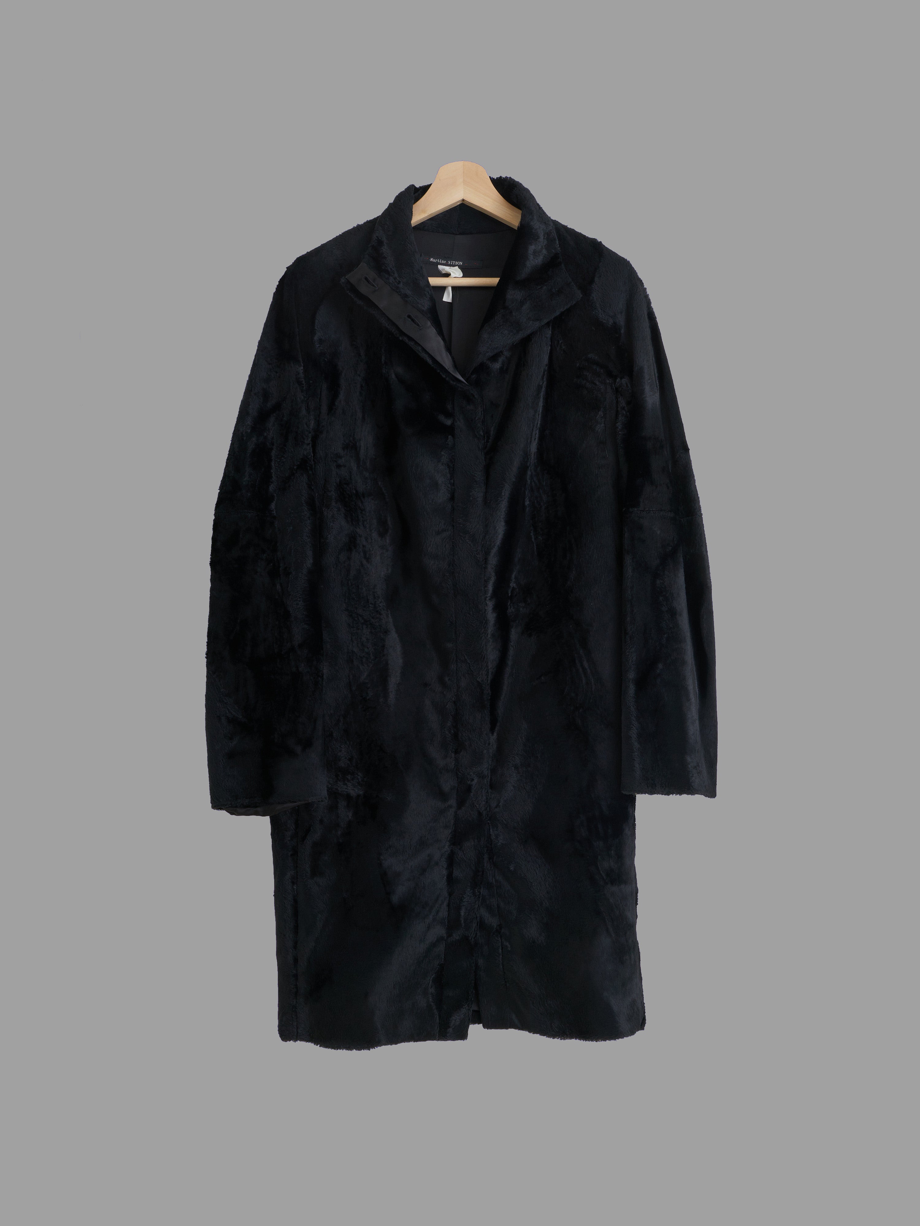 Martine Sitbon 1990s black faux fur high neck stand collar coat