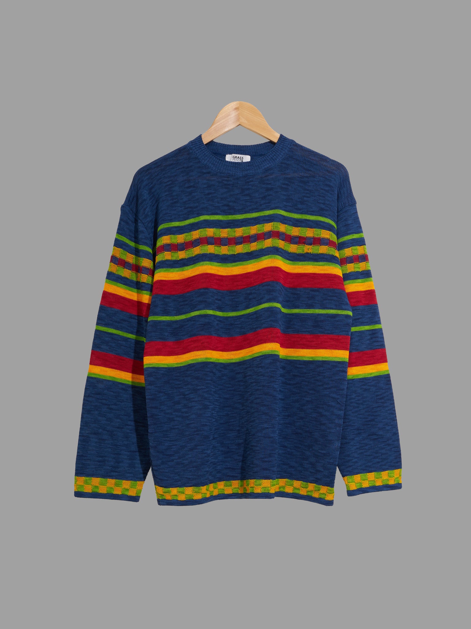 Grass Men’s 1990s blue acrylic multicolour horizontal stripe sweater - XS S M