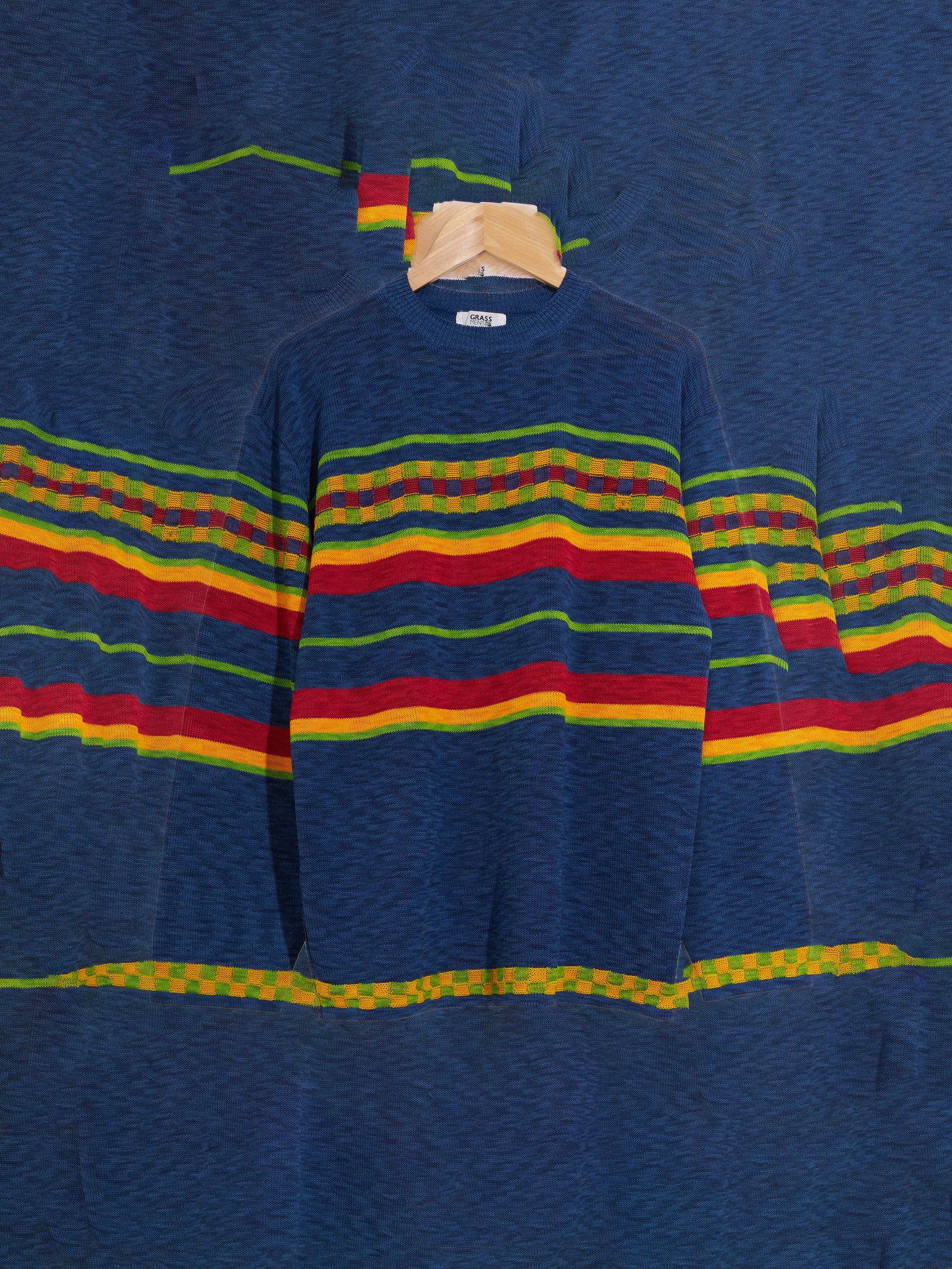 Grass Men’s 1990s blue acrylic multicolour horizontal stripe sweater - XS S M