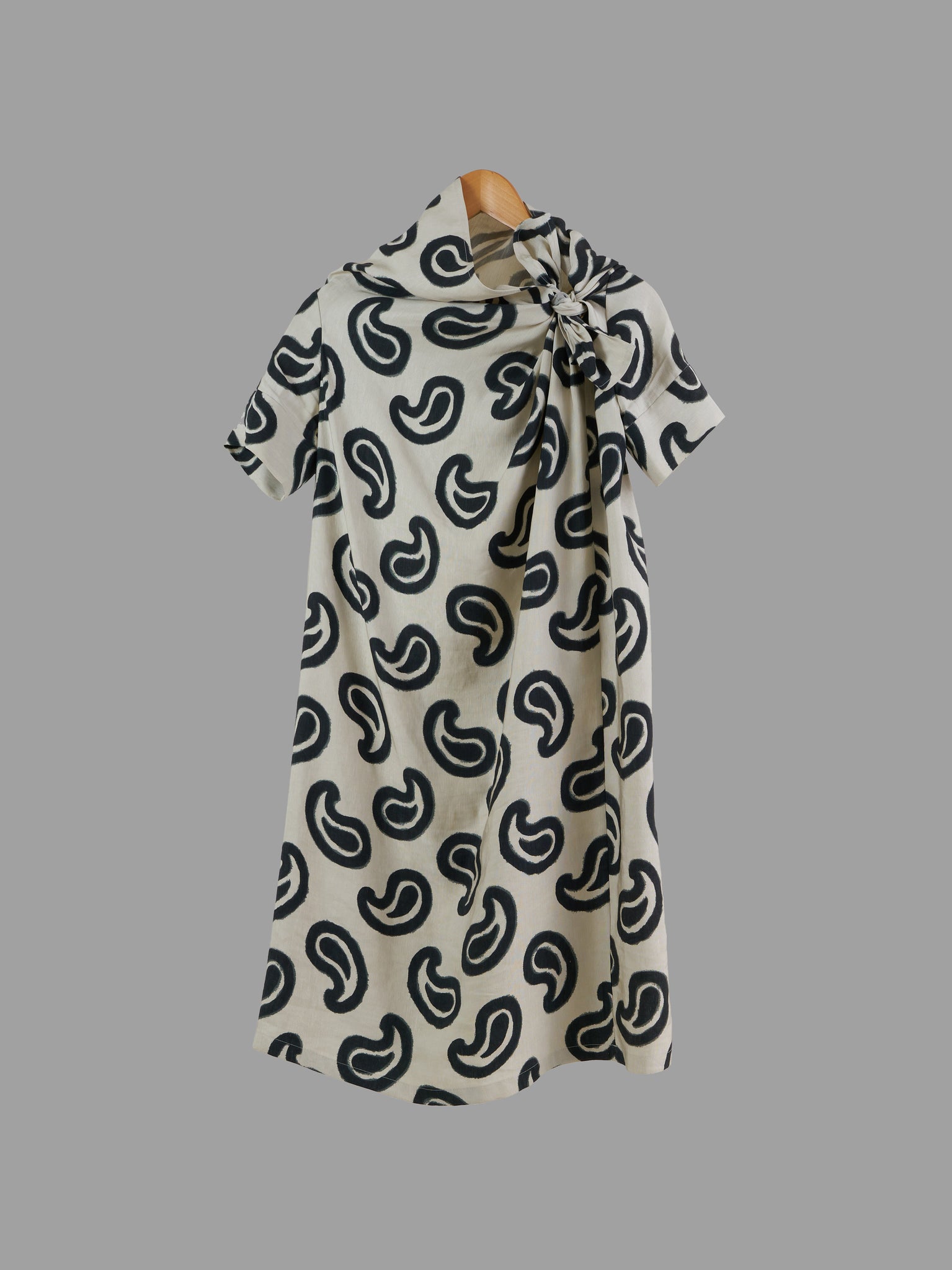 Dries Van Noten cream paisley patterned silk grosgrain tie neck dress - size 40