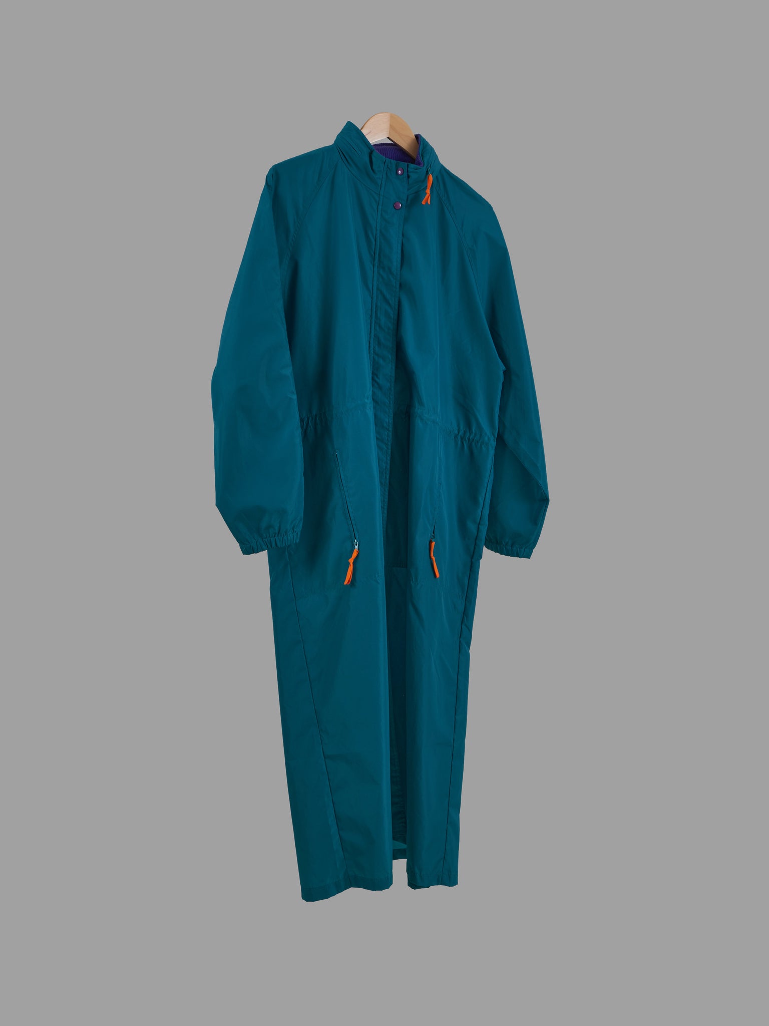 Woolrich Woman 1990s aqua green nylon extra long purple trim raincoat - size L