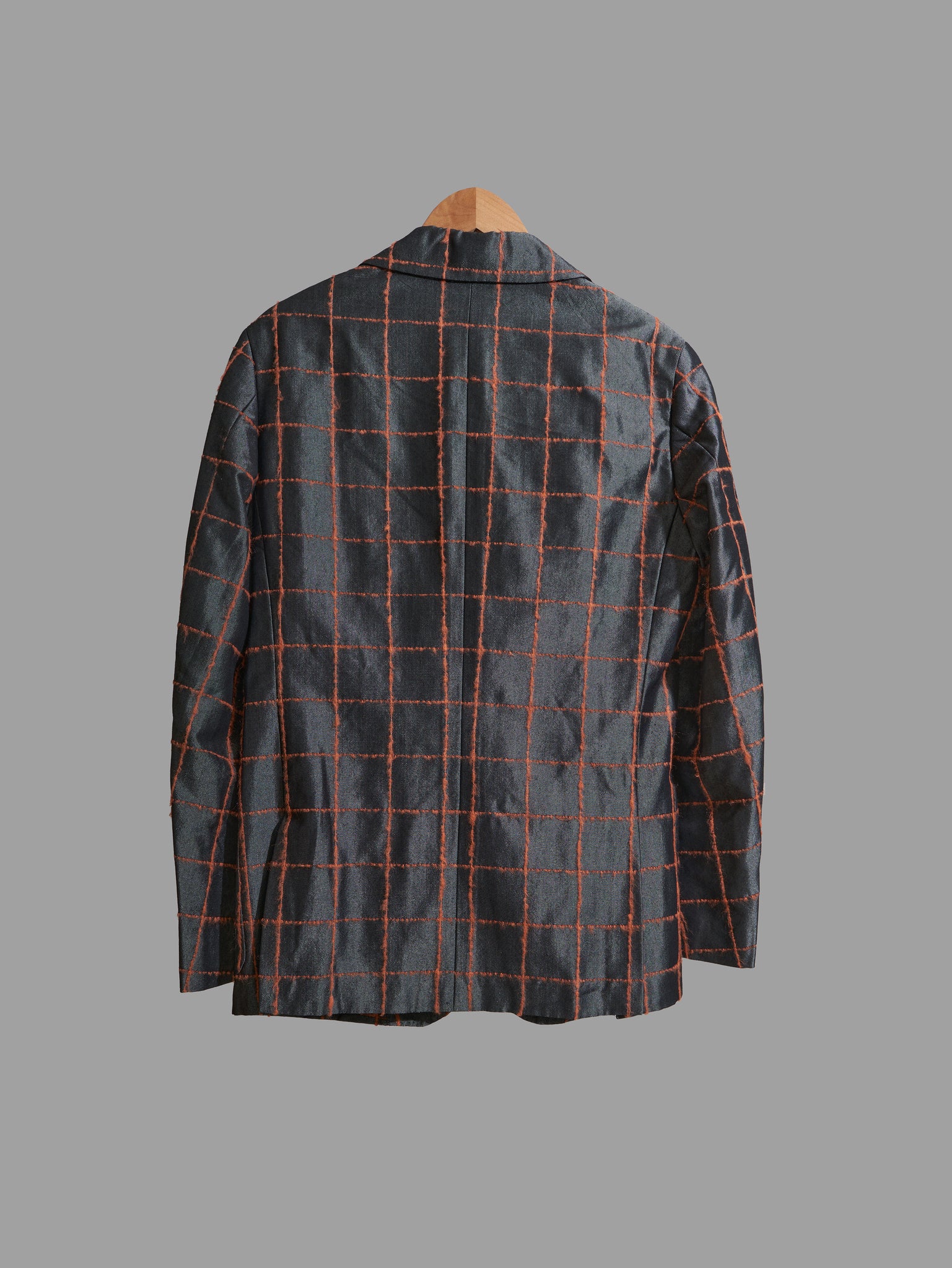 Toshiyuki Fuchigami glossy grey blazer with fluorescent orange check - size 48