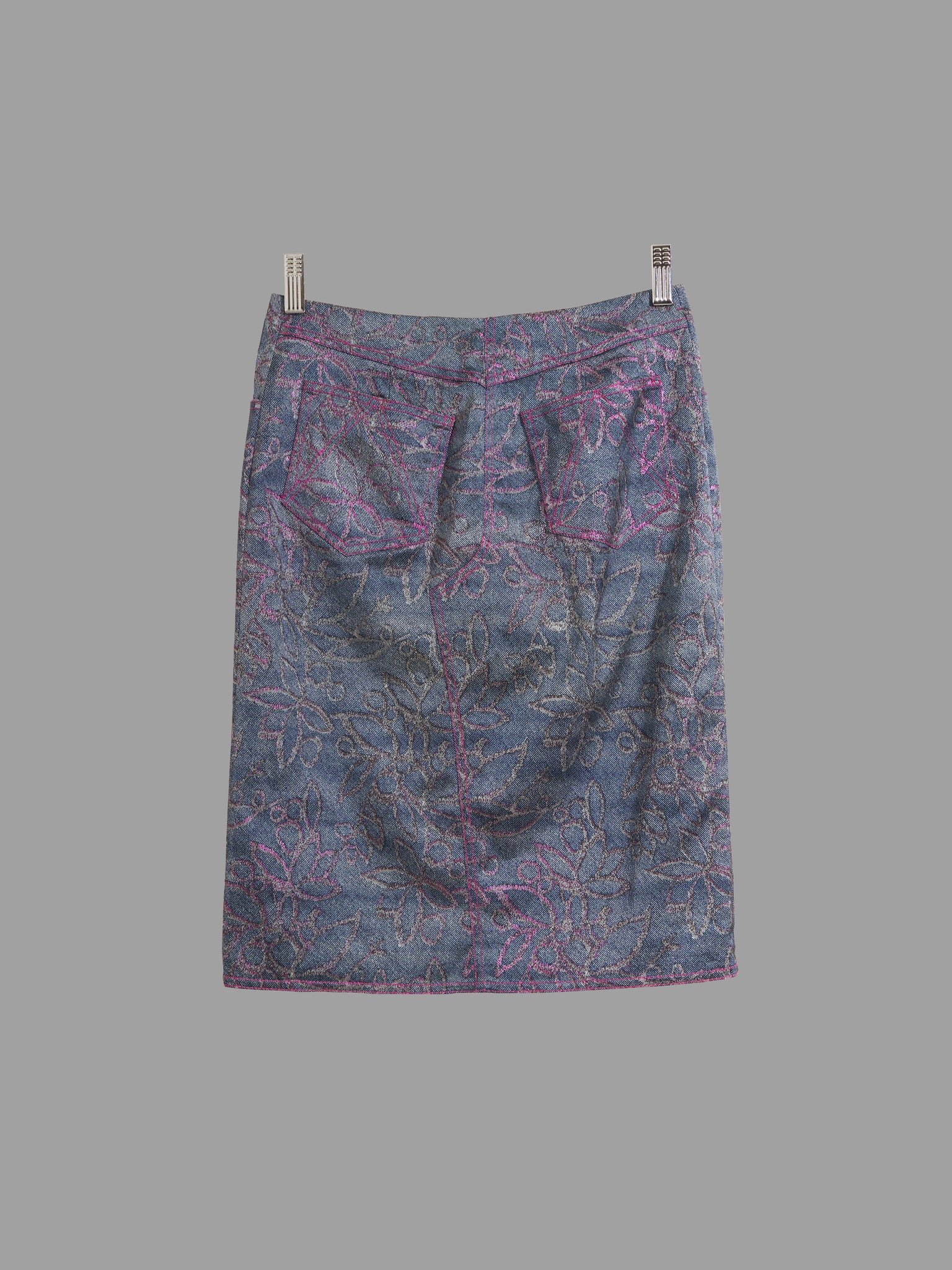 Julien Macdonald blue and pink floral embroidered denim print skirt - size 38