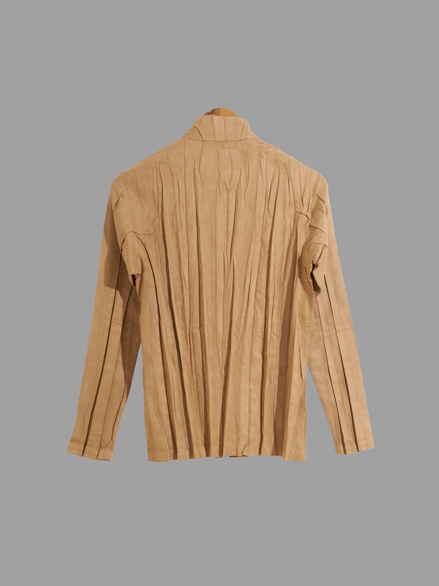 Issey Miyake beige creased polyester faux suede high neck zip jacket - size 2 M
