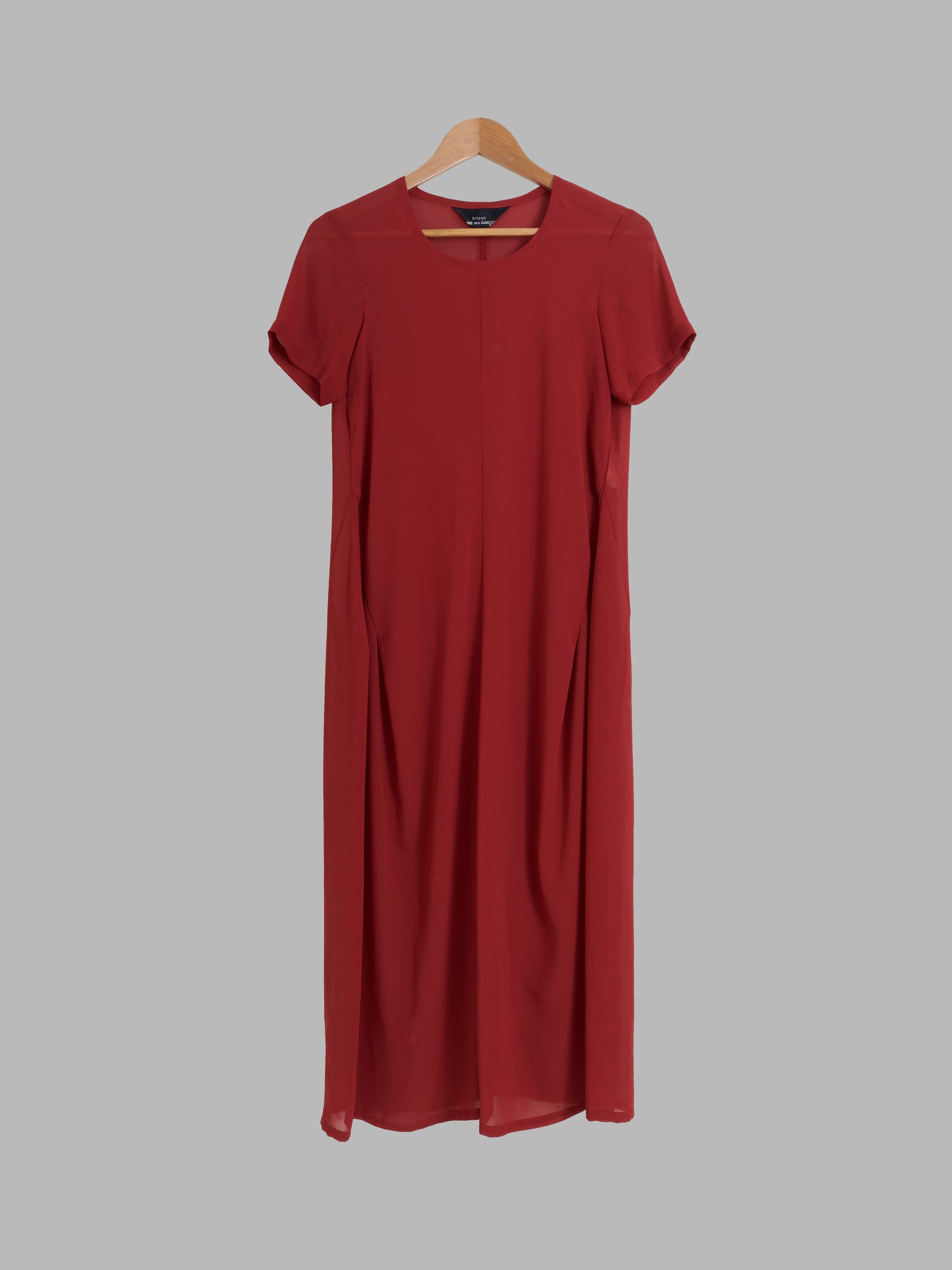 Comme des Garcons 1996 sheer burgundy polyester crepe short sleeve dress - S M