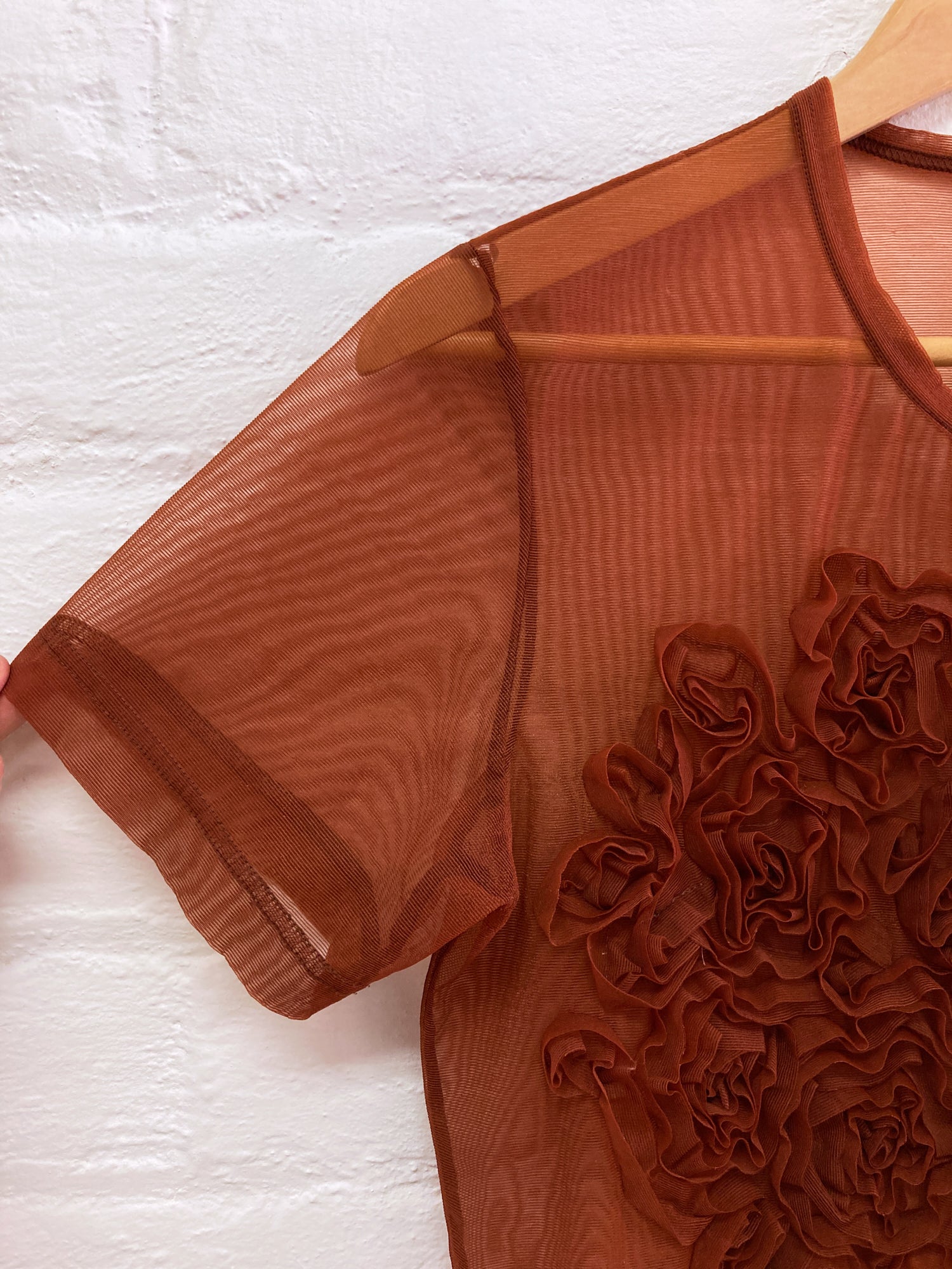 Comme des Garcons 1997 sheer brown mesh floral ruffle short sleeve 