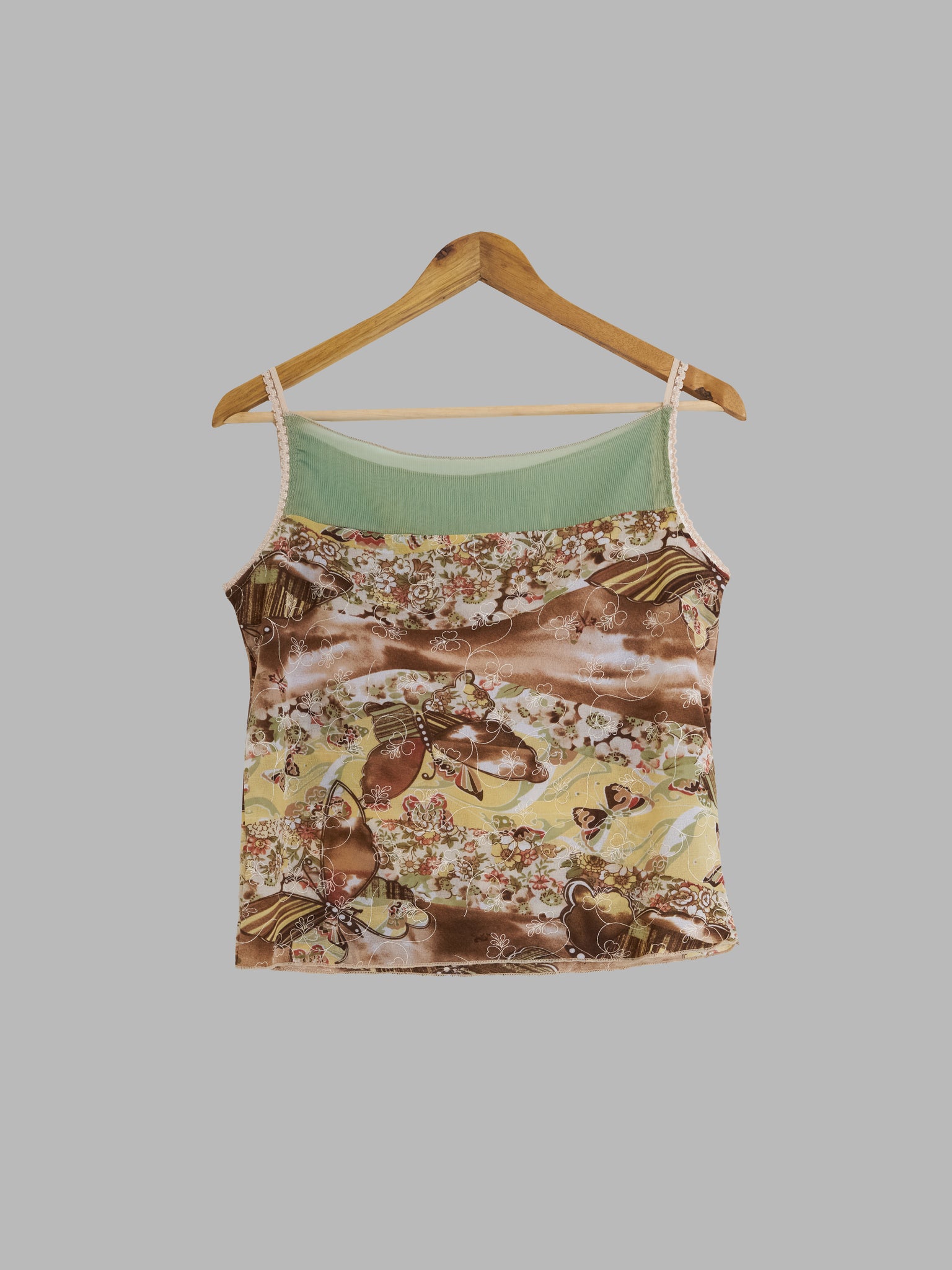 Vintage semi sheer brown green floral multi fabric camisole top