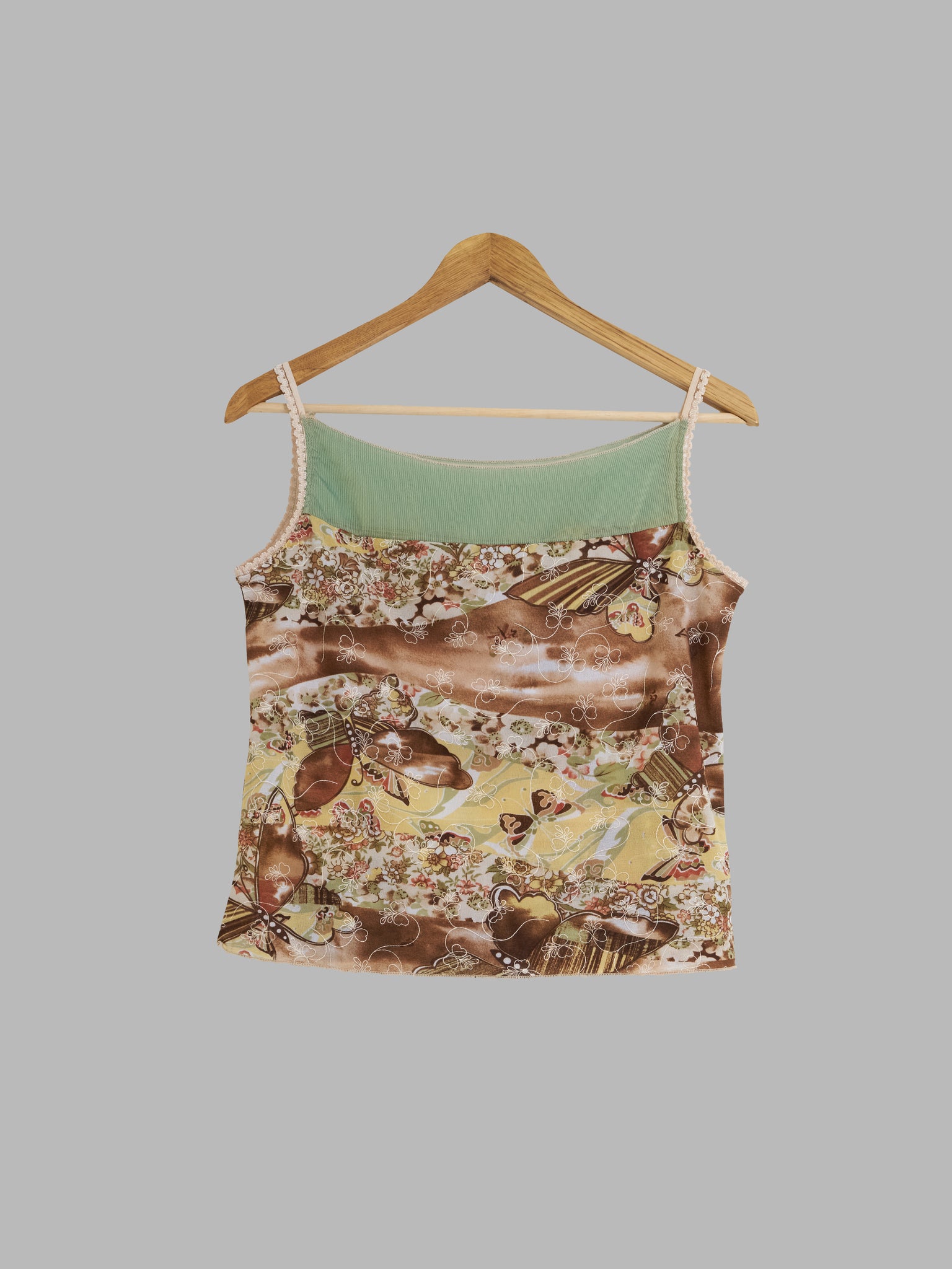 Vintage semi sheer brown green floral multi fabric camisole top