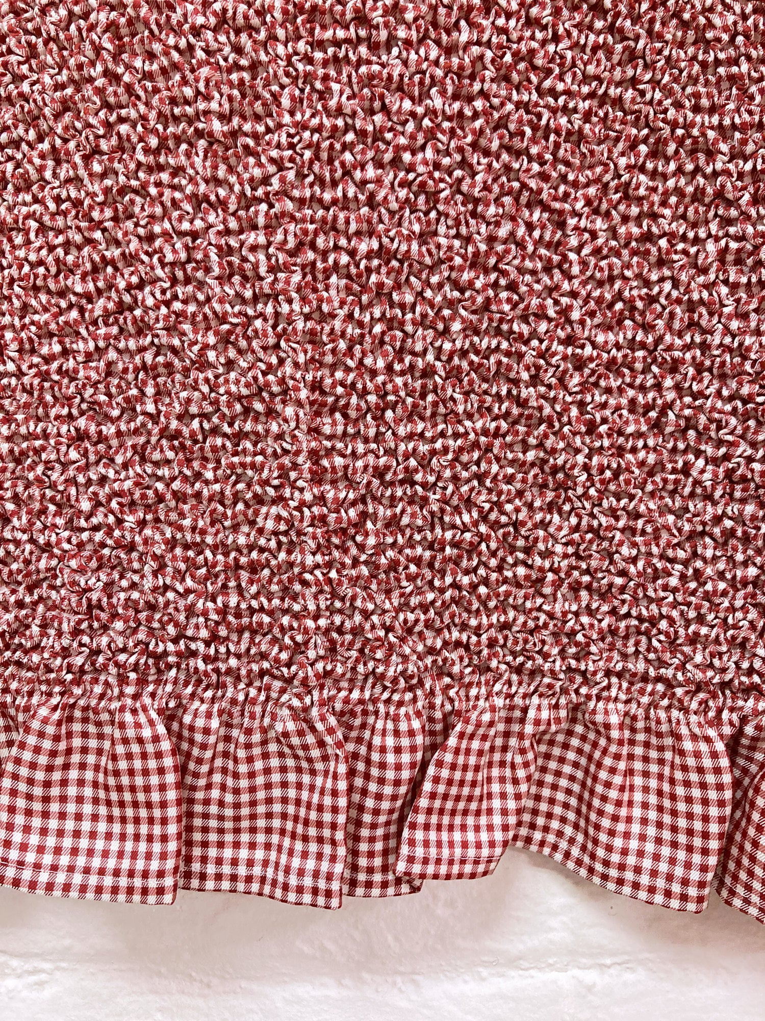 Yoshiki Hishinuma Peplum red gingham pleated top with hem and sleeve ruffle