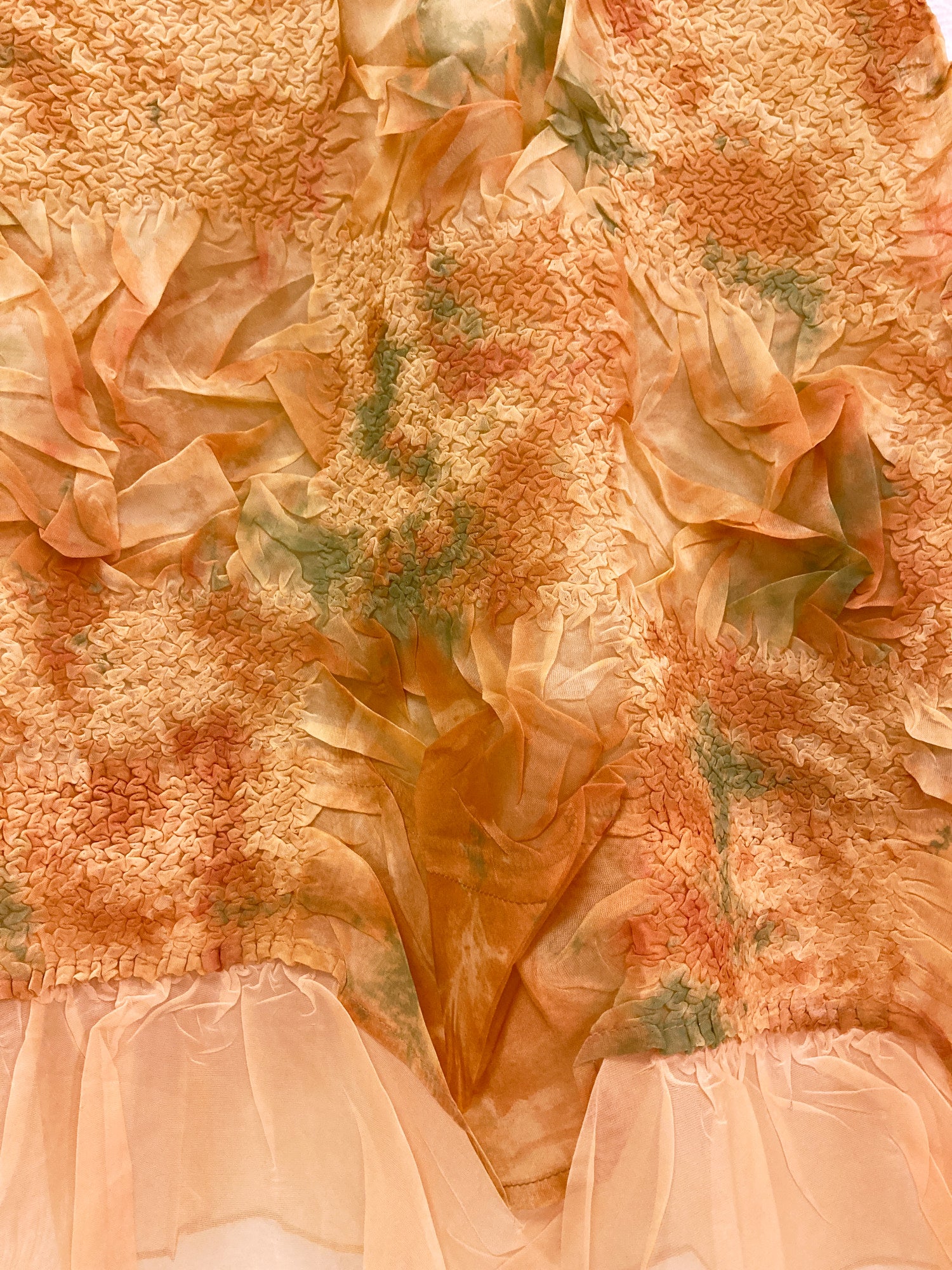 Yoshiki Hishinuma Peplum semi sheer orange green wrinkled ruffle hem skirt - 1 S