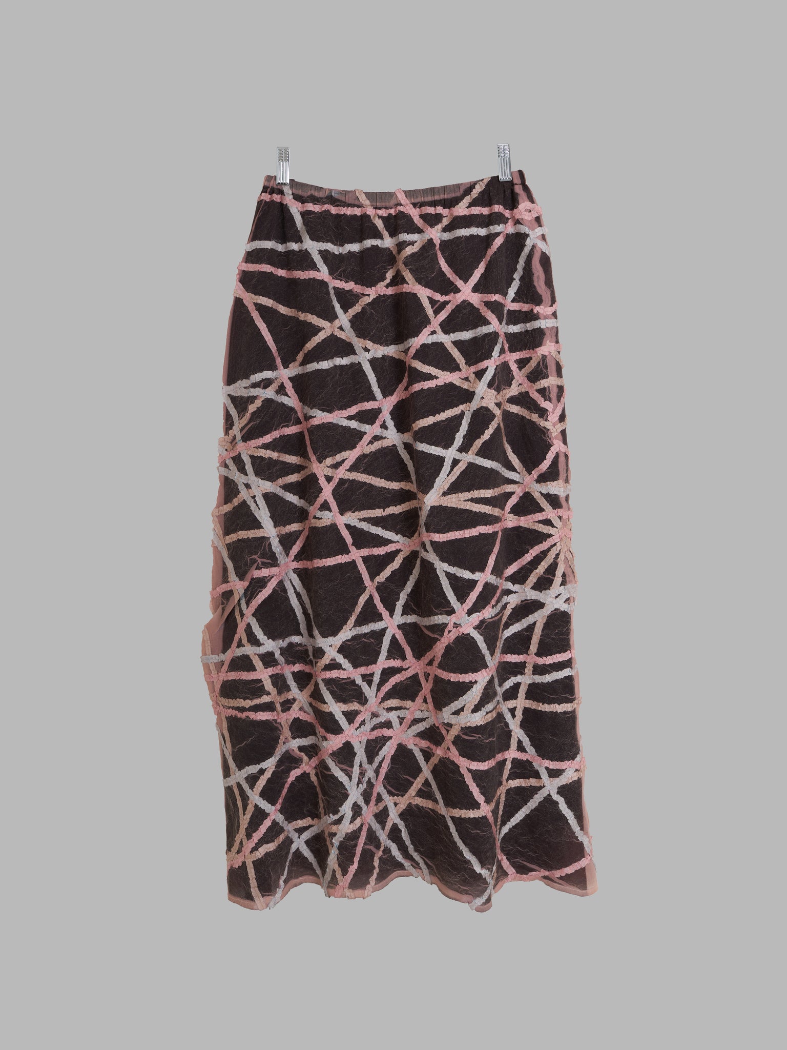 Yoshiki Hishinuma brown crushed poly maxi skirt with pink ribbon applique - M S