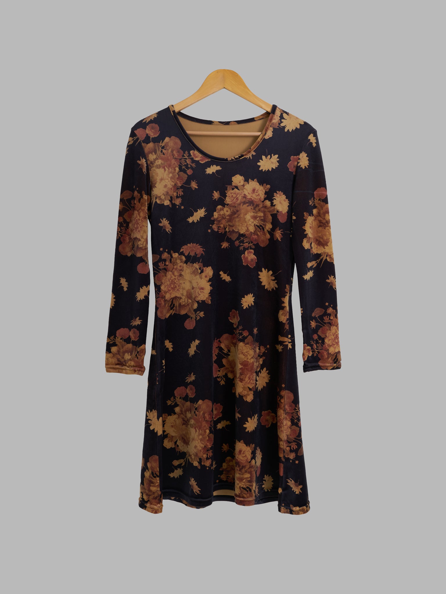 Yoshiki Hishinuma dark brown velour knit floral print long sleeve dress - sz 1 S