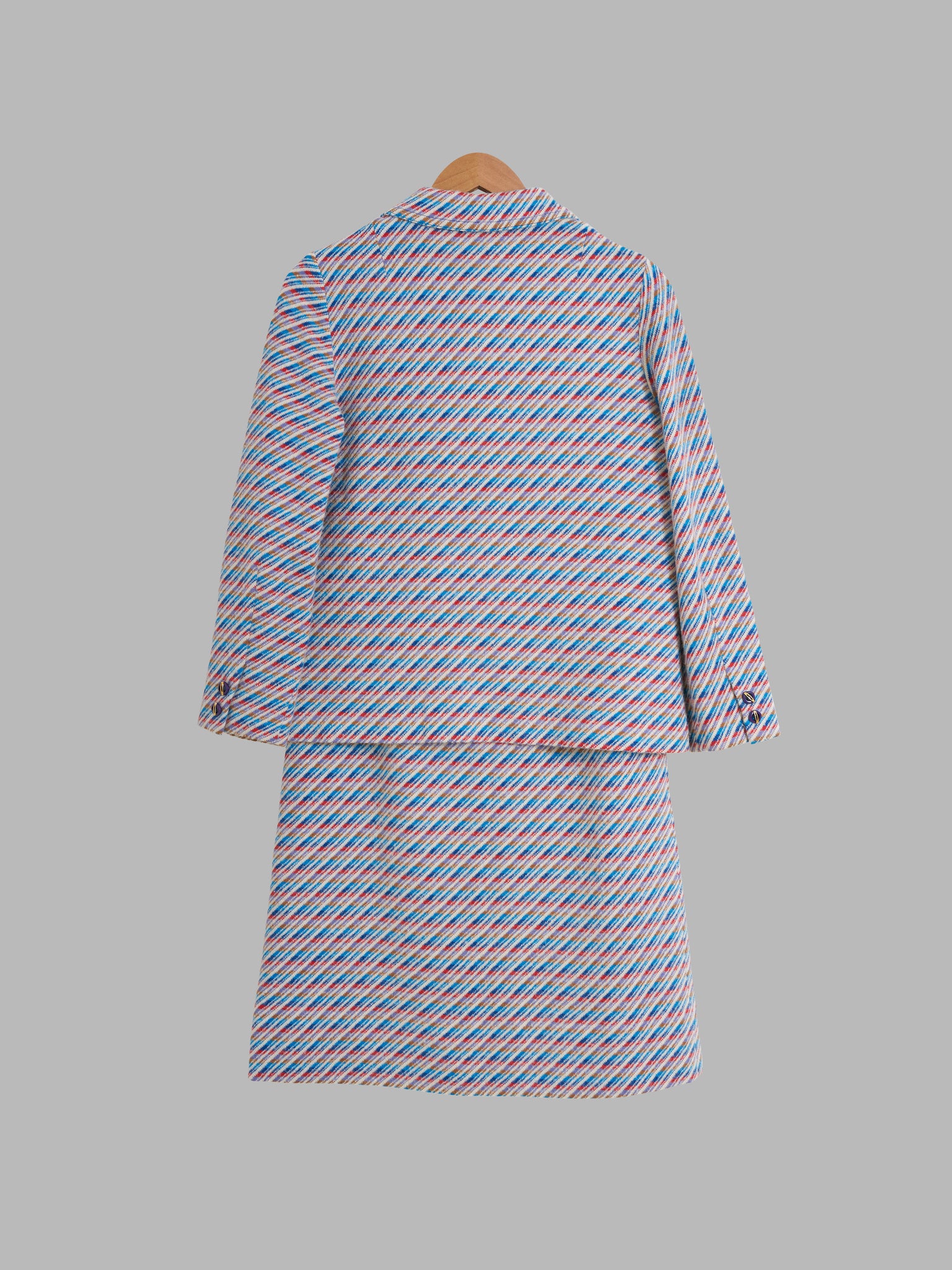 Vintage 1970s blue red white diagonal stripe jacquard knit skirt suit