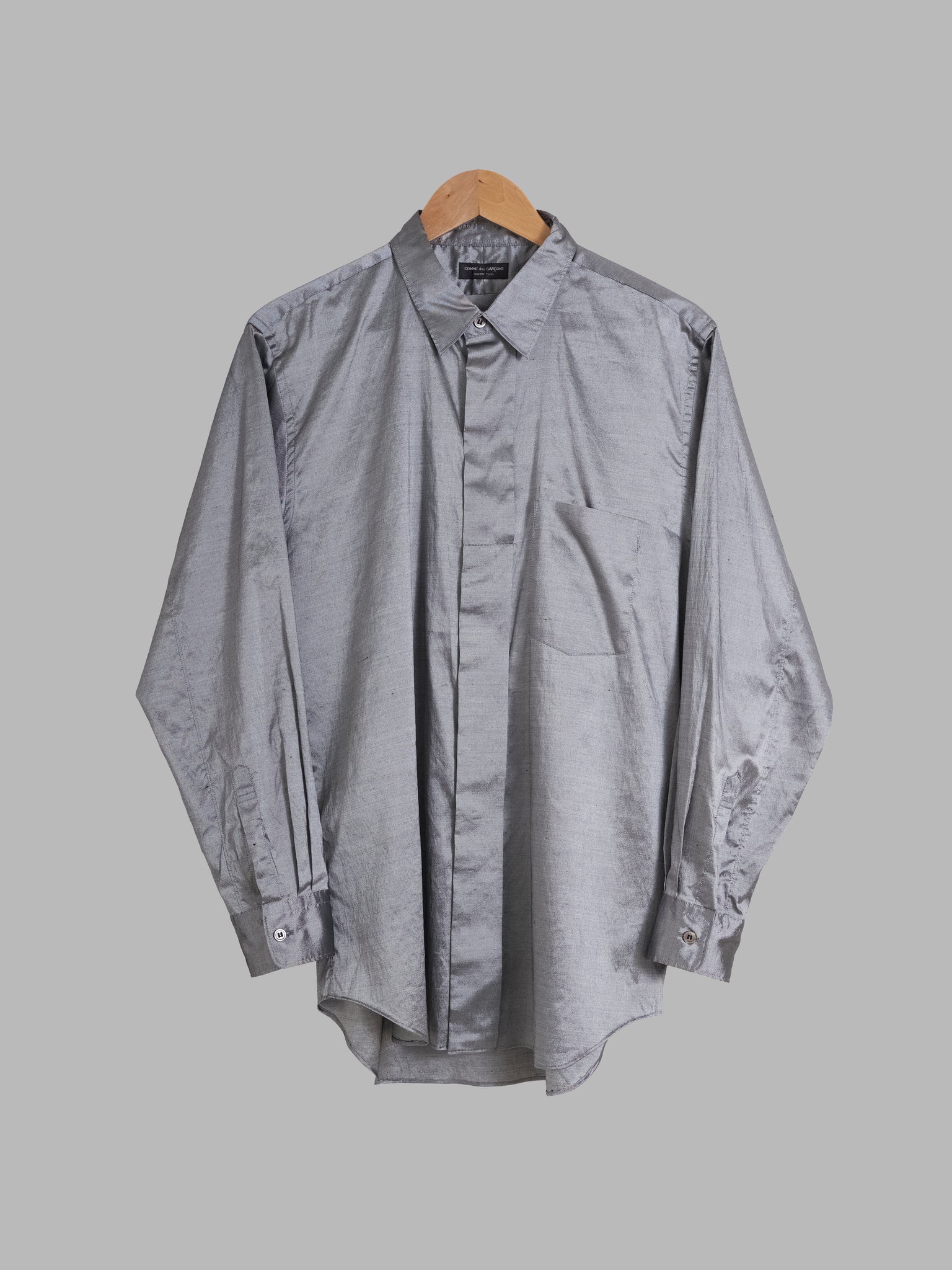 Comme des Garcons Homme Plus 1997 silver poly silk shantung wide placket shirt M