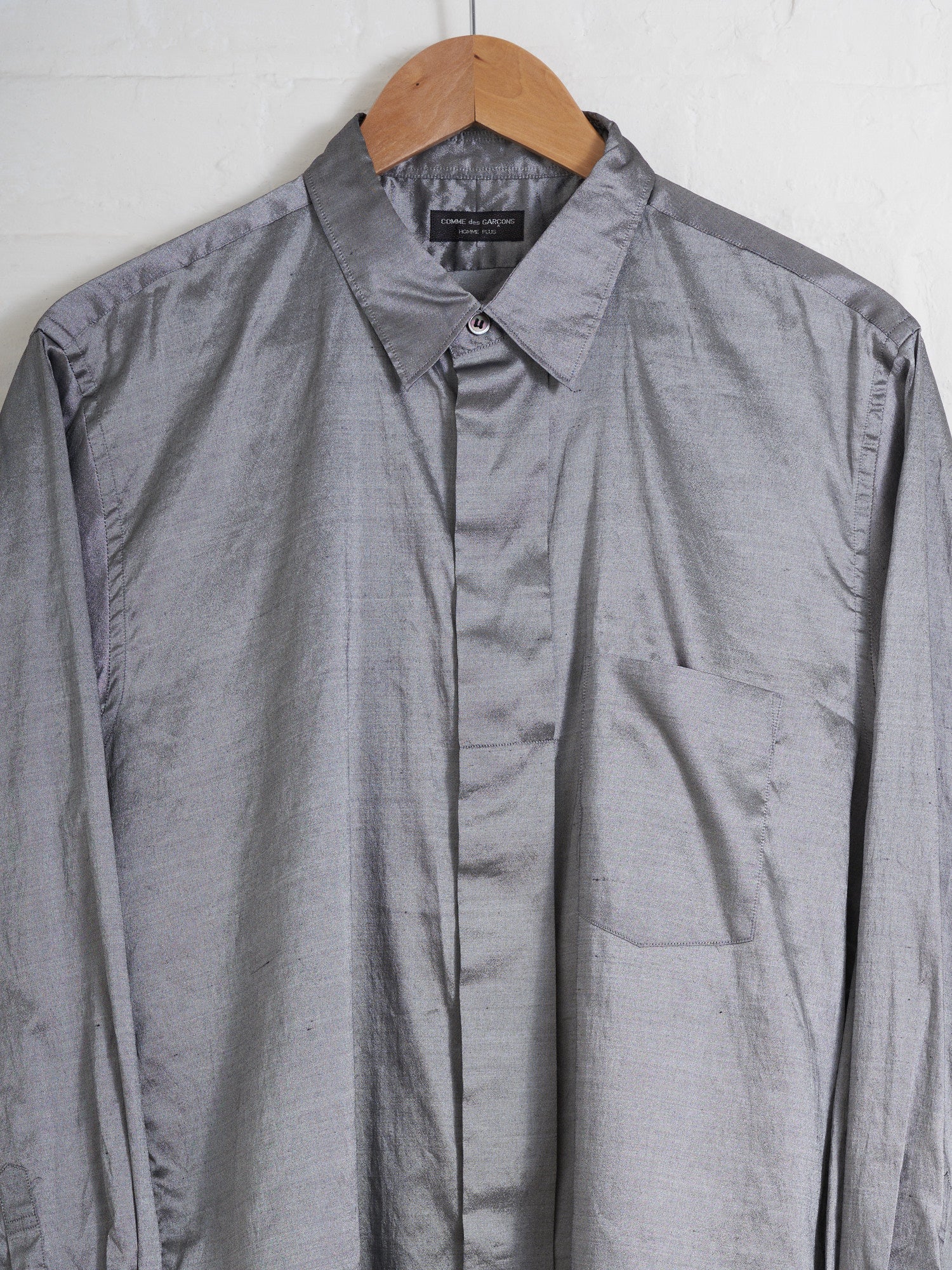 Comme des Garcons Homme Plus 1997 silver poly silk shantung wide placket shirt M