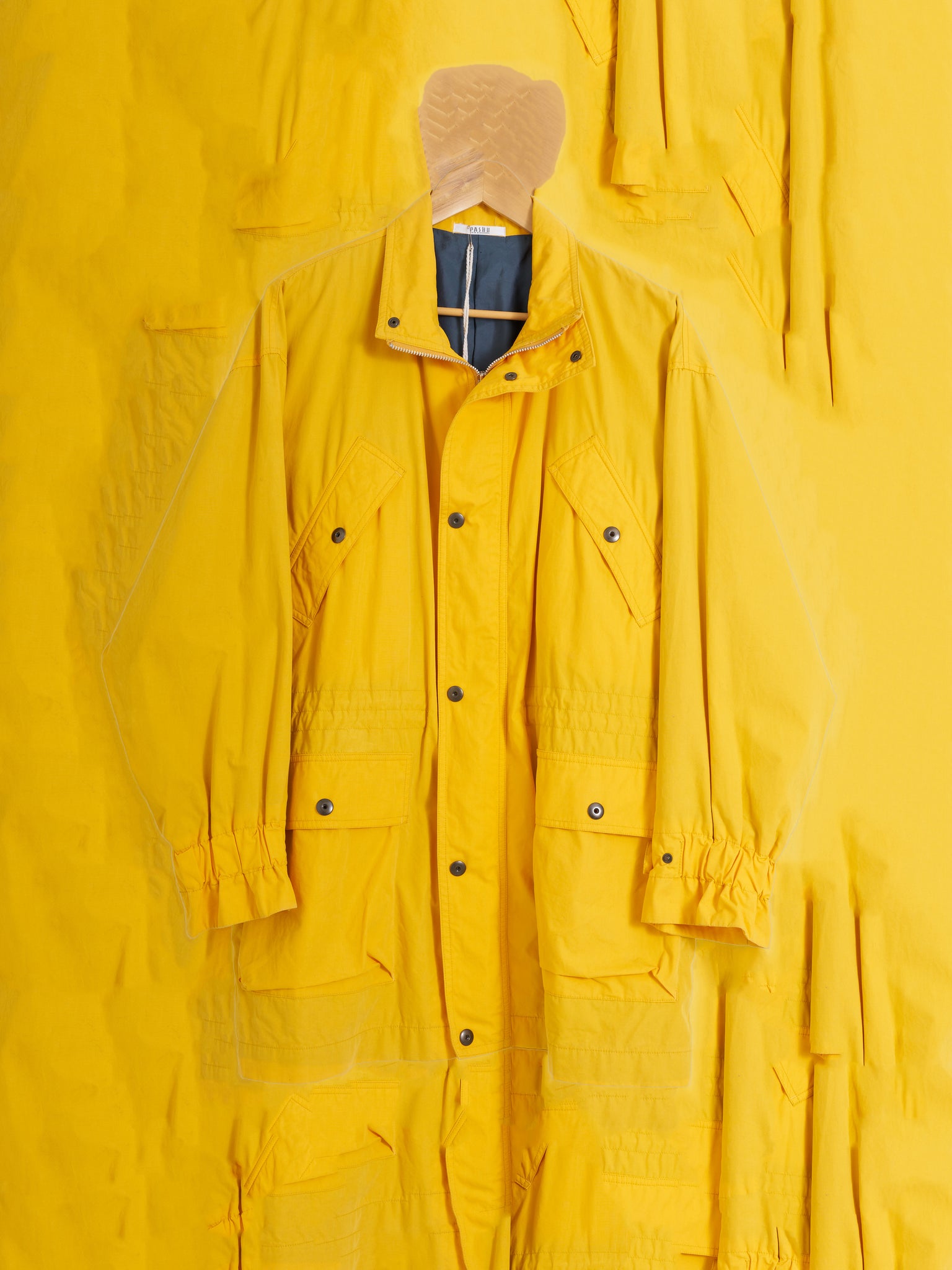 Pashu Shin Hosokawa 1980s yellow cotton multi pocket high neck windbreaker - M L