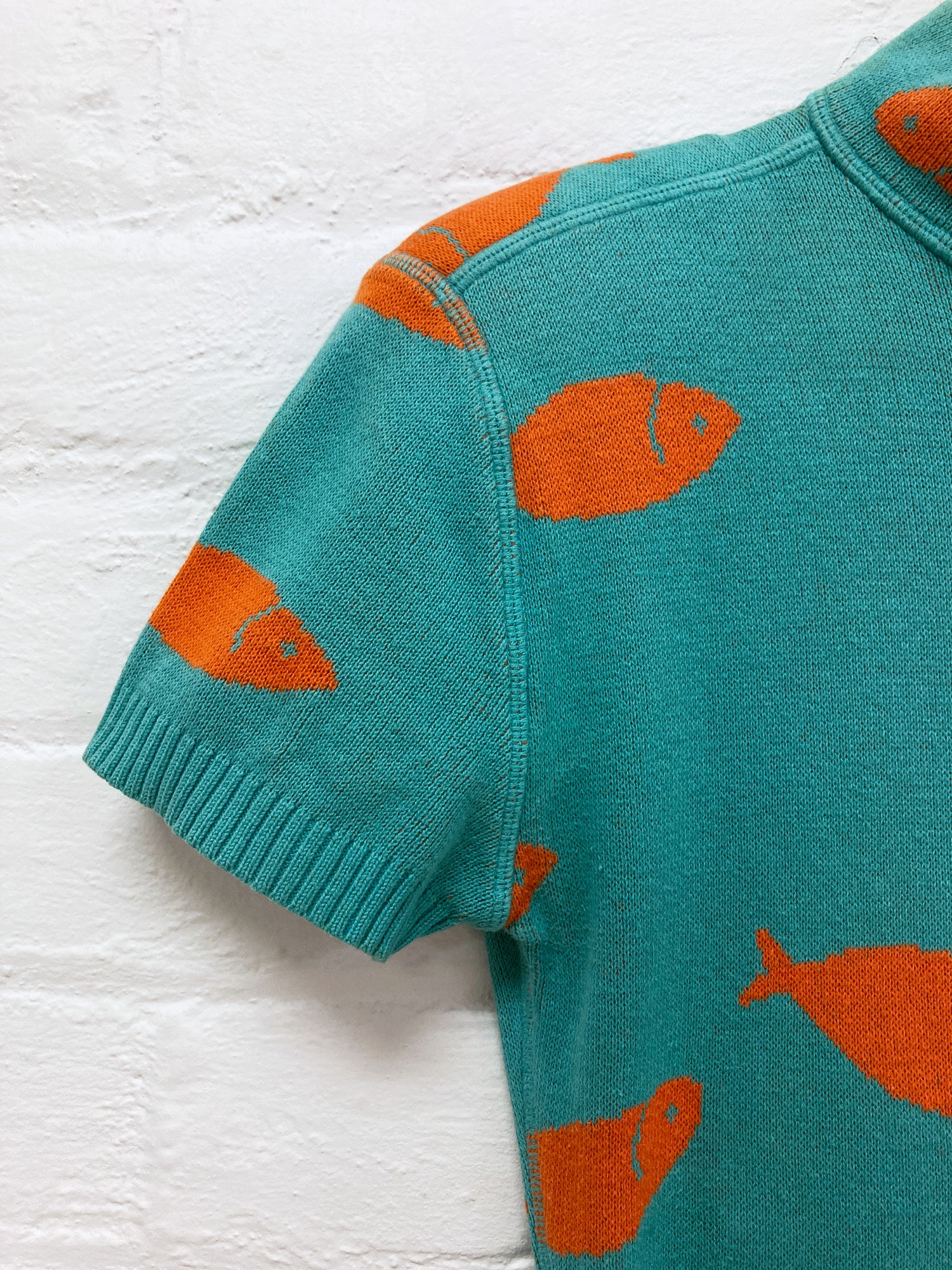 Dorothee Bis blue knit goldfish pattern mock neck short sleeve dress