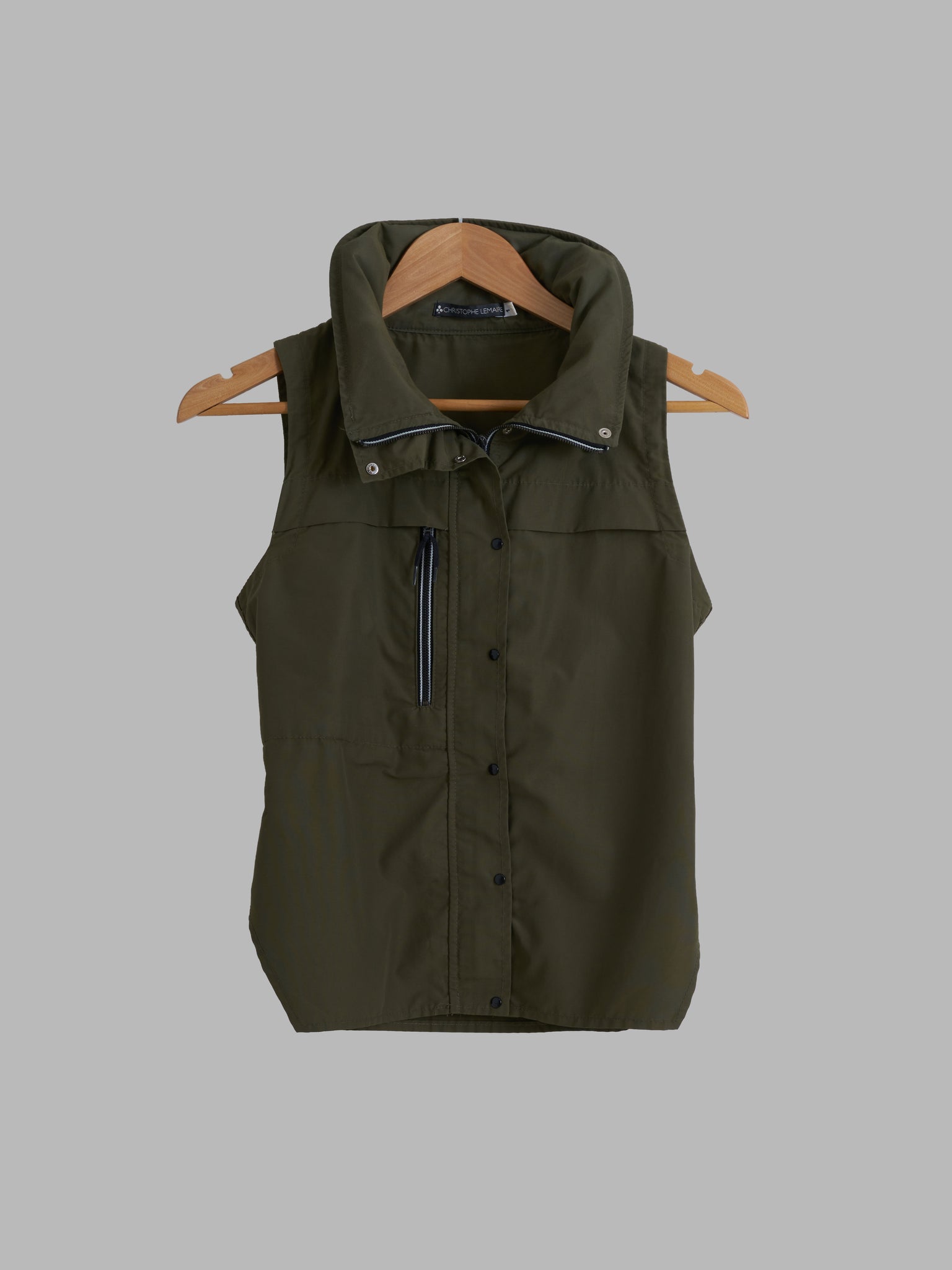 Christophe Lemaire khaki cotton nylon high neck vest with collar hood - S