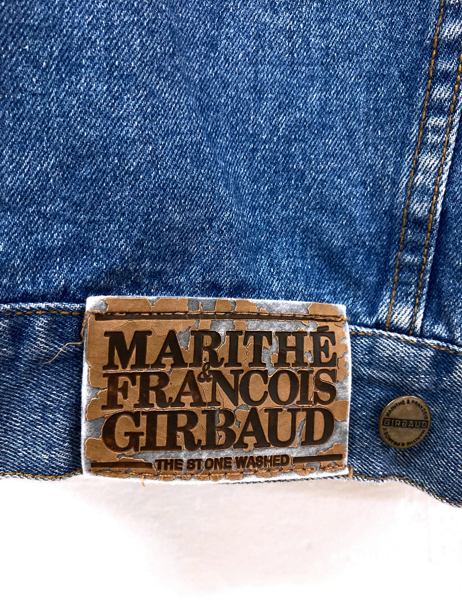 Marithe Francois Girbaud stonewashed denim jacket with crumbling brand patch - L