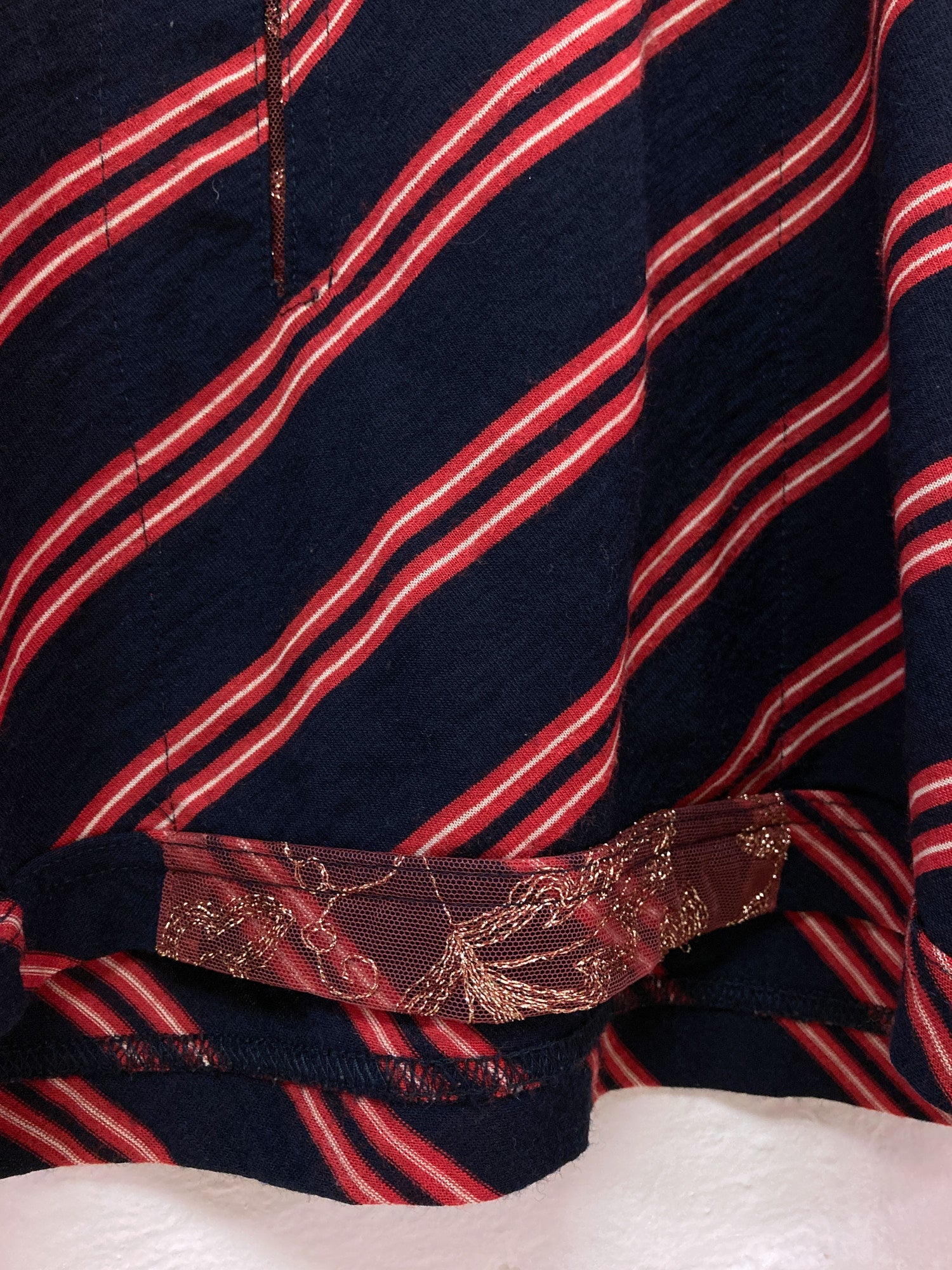 Kostas Murkudis navy red striped wool organza abdomen pocket long sleeve top - S