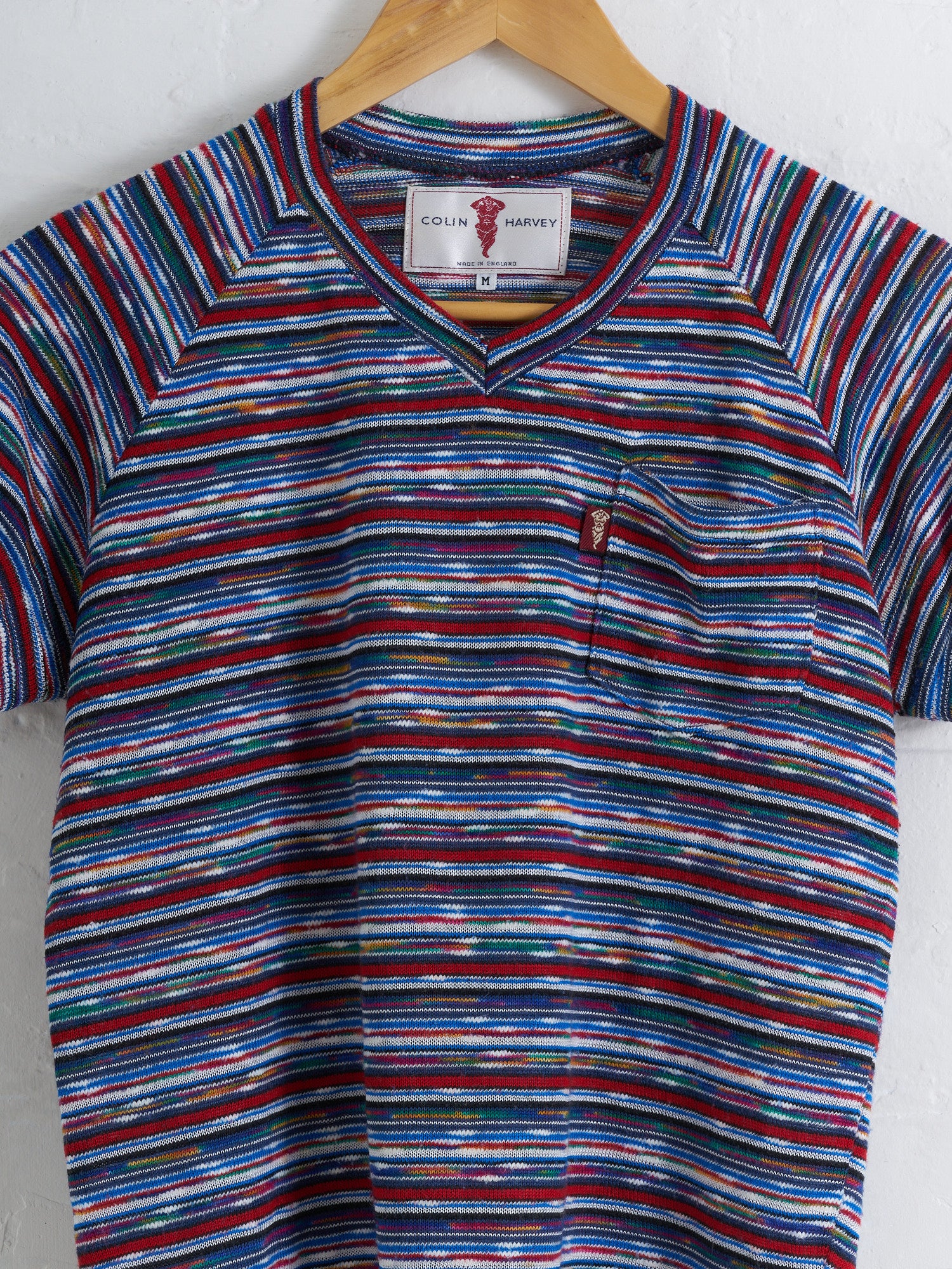 Colin Harvey 1980s red blue horizontal stripe knitted v neck t-shirt - XS S