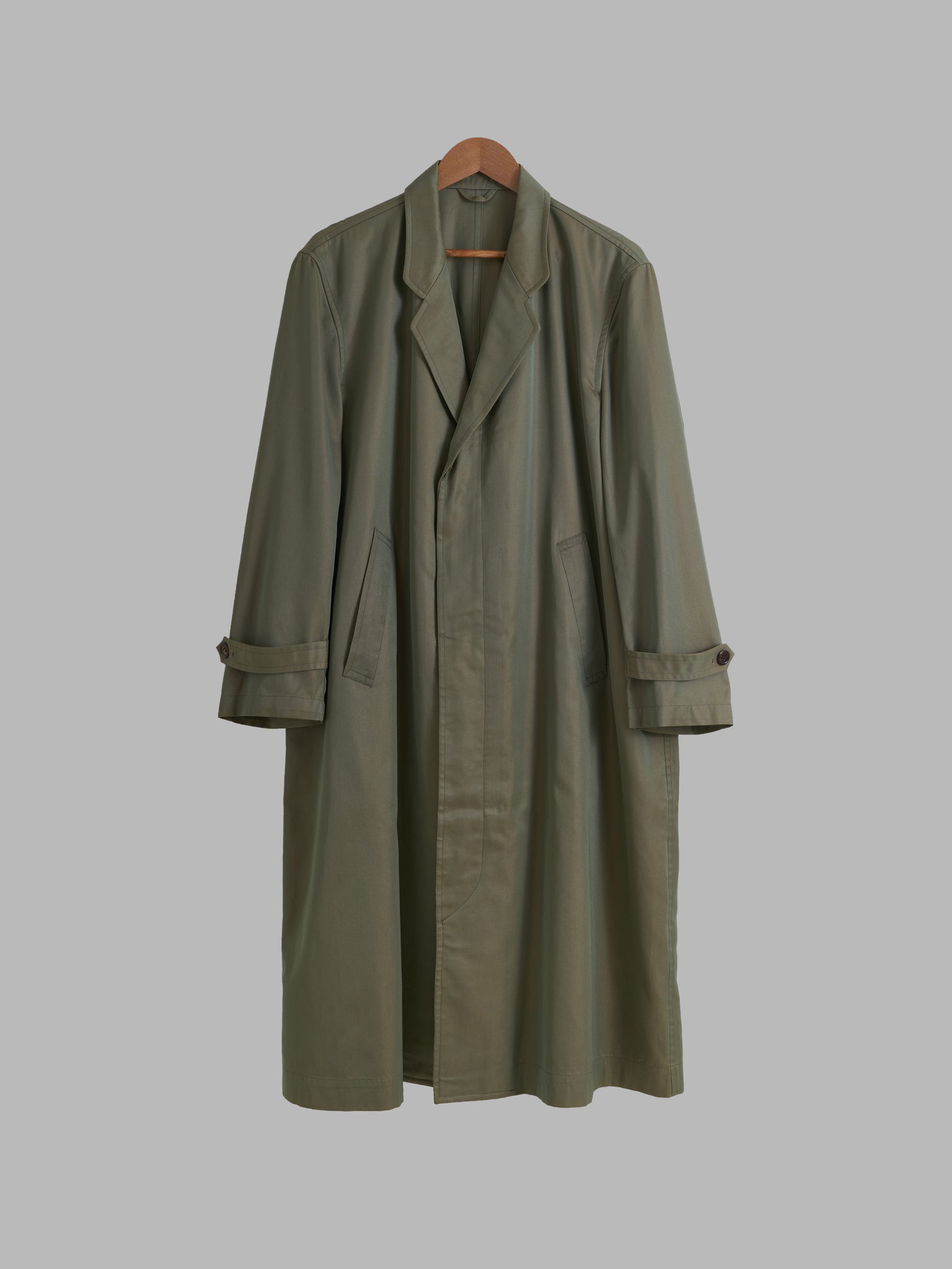 Homme Comme des Garcons 1980s khaki cotton iridescent covered placket coat - M