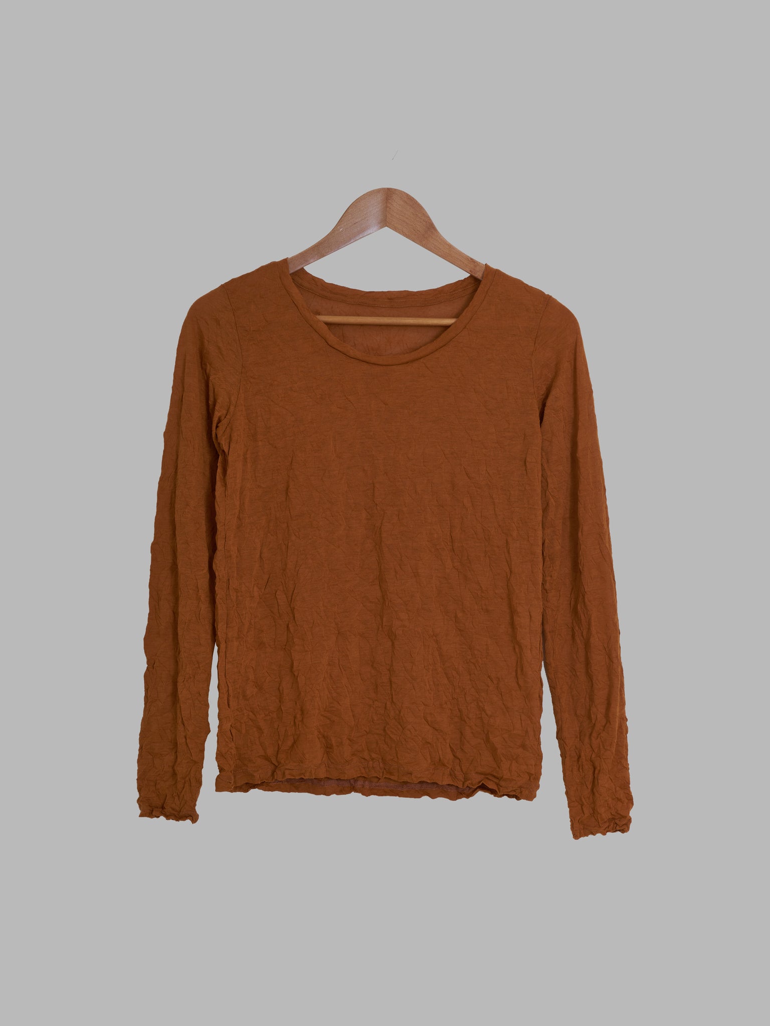 Issey Miyake me brown wrinkled polyester round neck long sleeve top