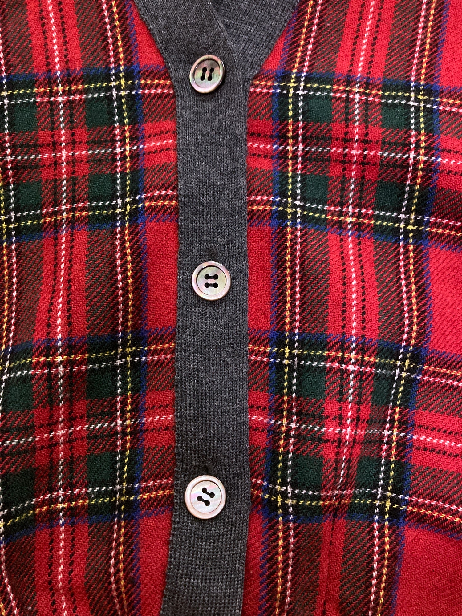Comme des Garcons 1980s grey wool cardigan with red tartan front