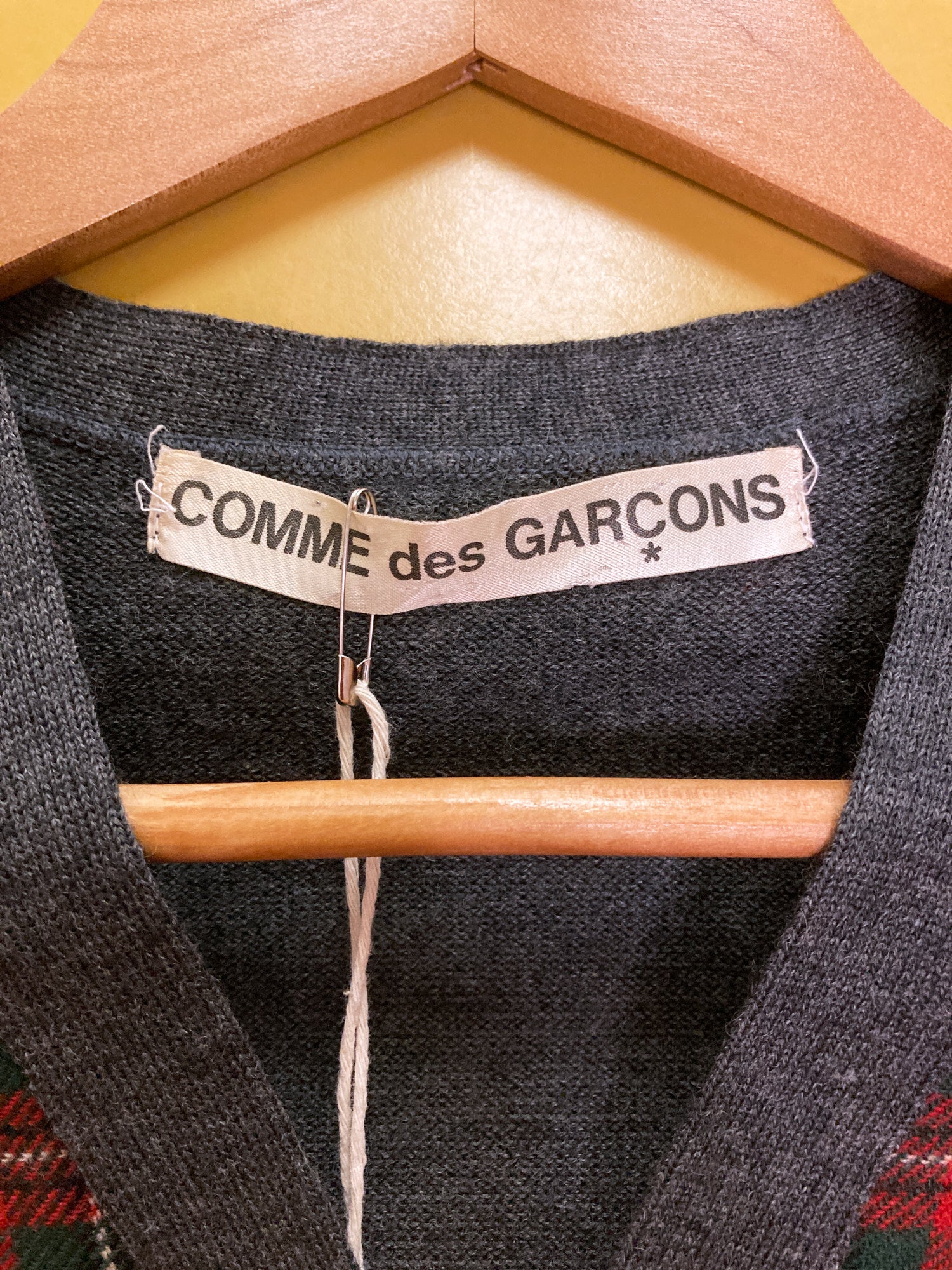 Comme des Garcons 1980s grey wool cardigan with red tartan front