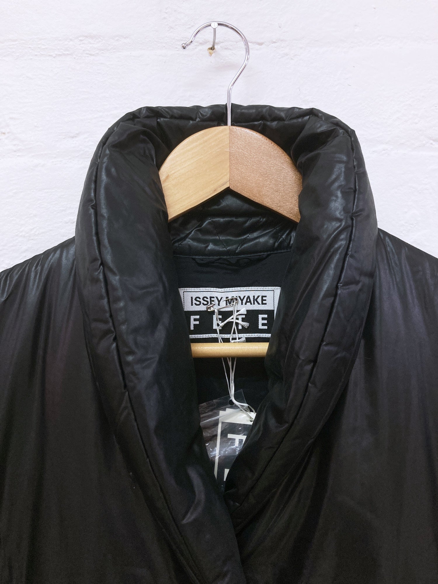 Issey Miyake FETE black vinyl-y polyester shawl collar puffer coat