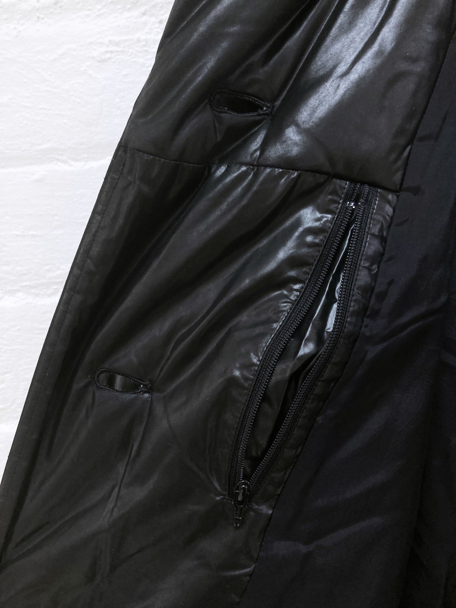 Issey Miyake FETE black vinyl-y polyester shawl collar puffer coat 