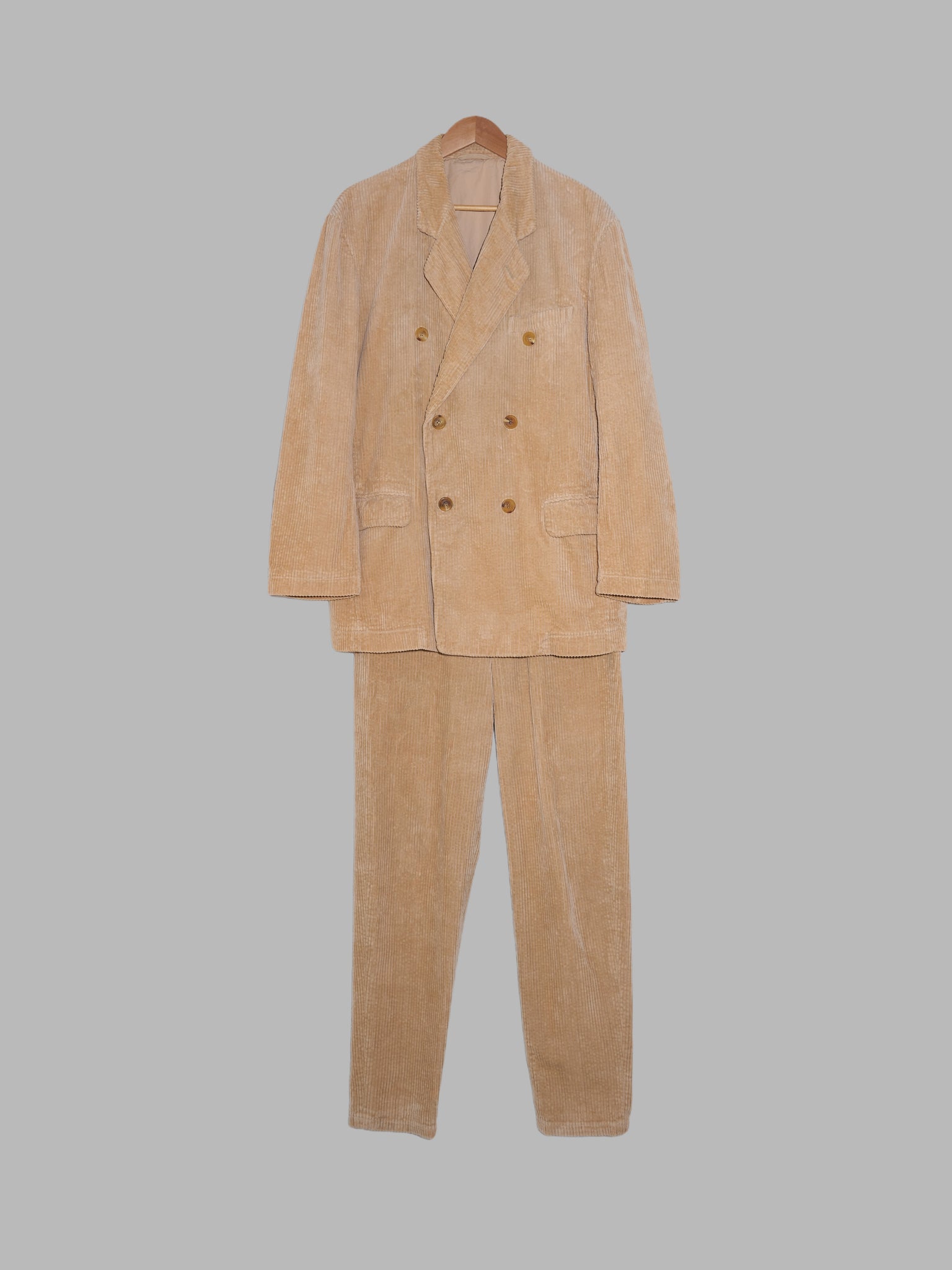 Issey Miyake beige cotton corduroy double breasted blazer and trouser suit - M