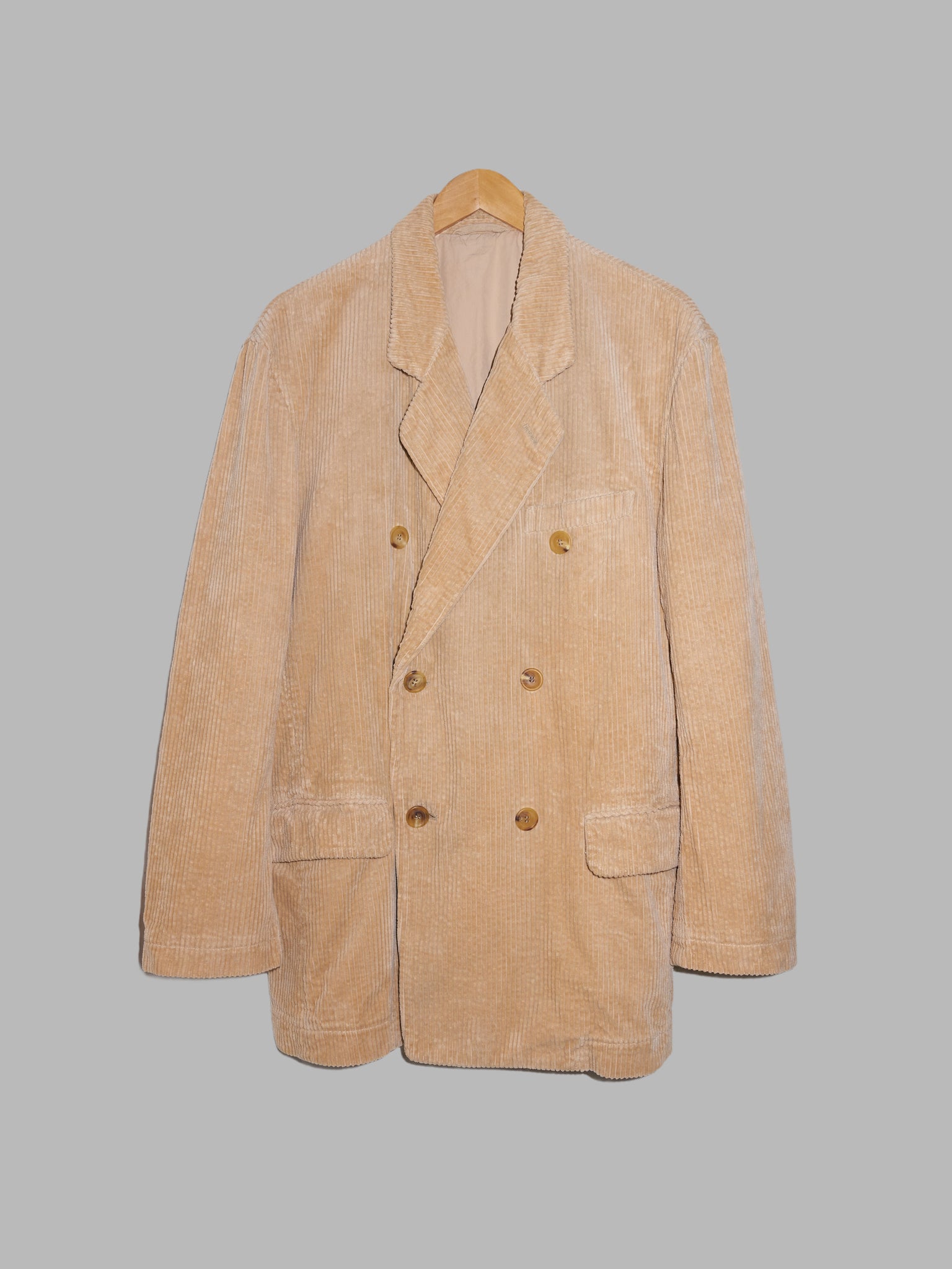 Issey Miyake beige cotton corduroy double breasted blazer and trouser suit - M