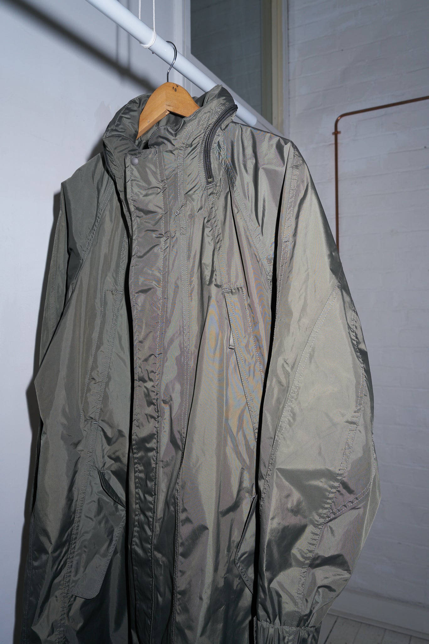 Issey Miyake khaki polyester full length multi pocket parachute coat - 3 L M