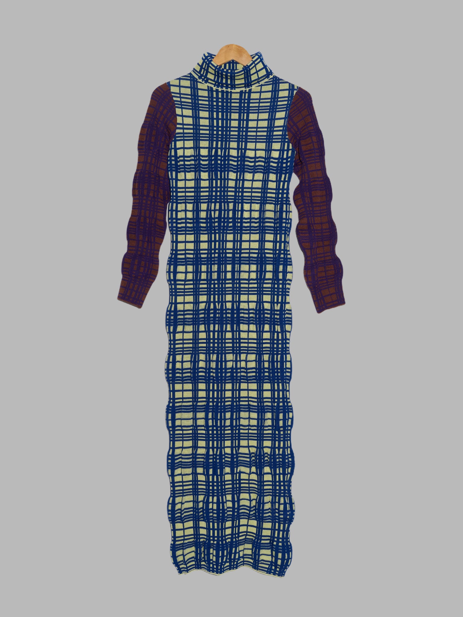 Kiko Kostadinov Woman AW2020 green blue tartan wool 3D knit column dress - sz 36