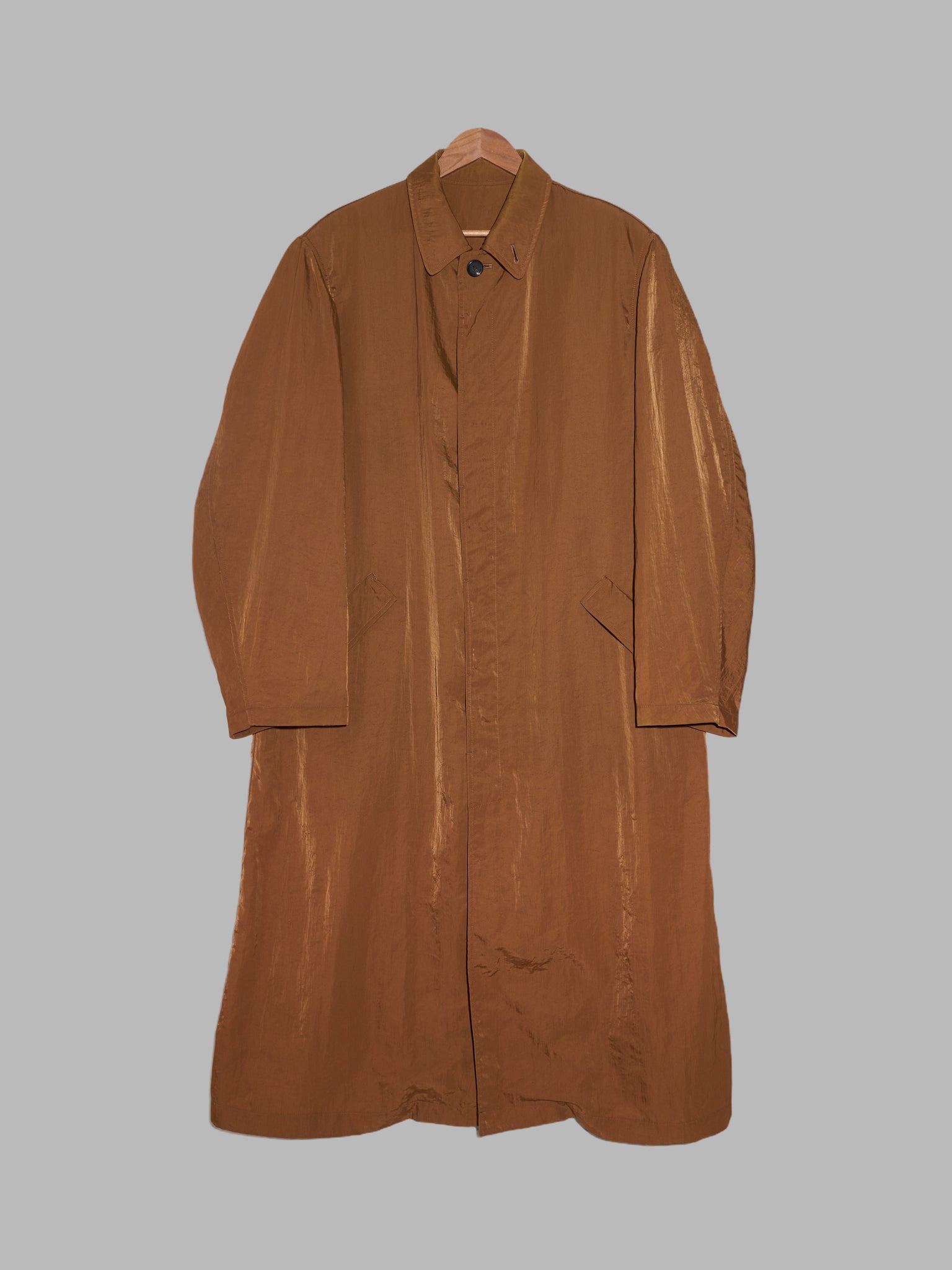 Y's for Men Yohji Yamamoto 1980s brown creased nylon mackintosh coat - L M
