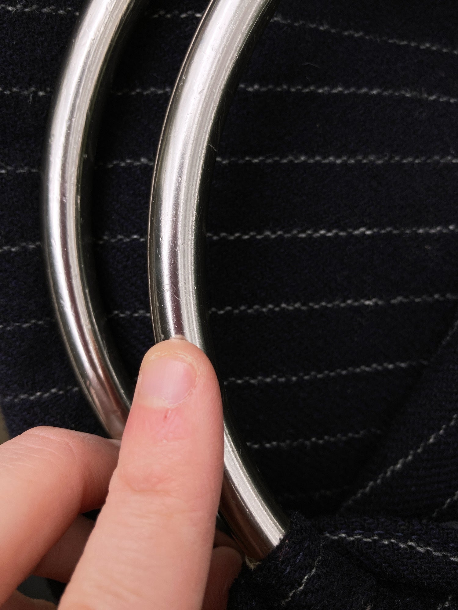 Robe de Chambre Comme des Garcons navy striped wool metal ring bag 