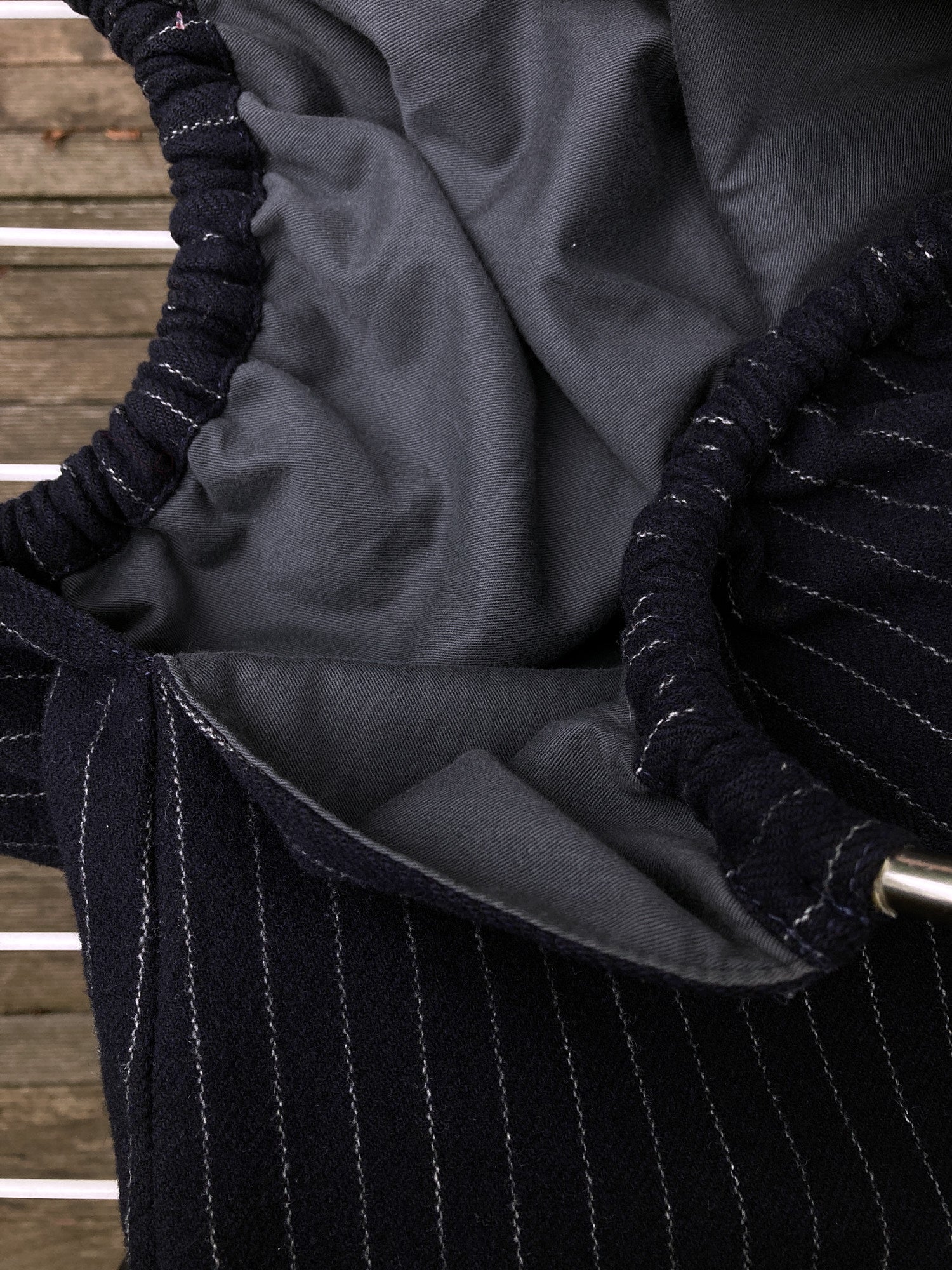 Robe de Chambre Comme des Garcons dark navy striped wool metal ring bag