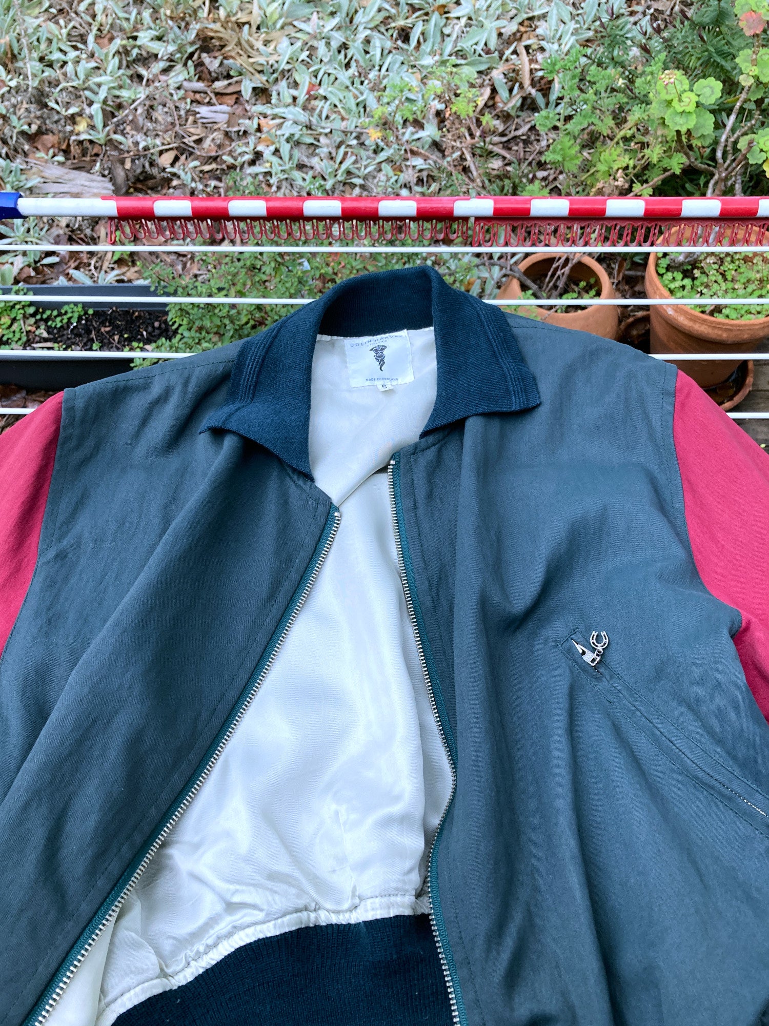 Colin Harvey 1980s green bomber jacket with wine red sleeves - mens S M