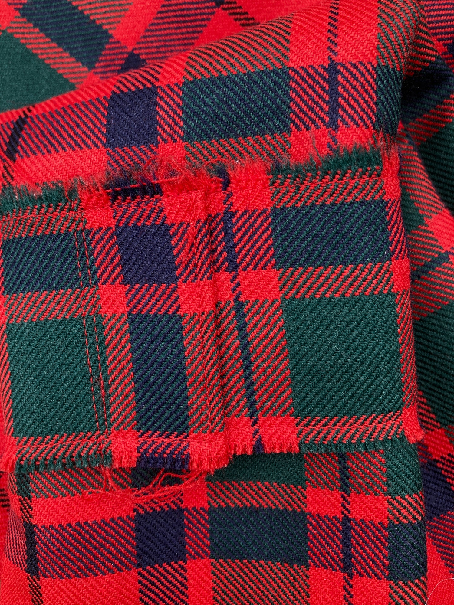 Marc Le Bihan red green tartan wool "fabric bolt" raw edge shawl scarf