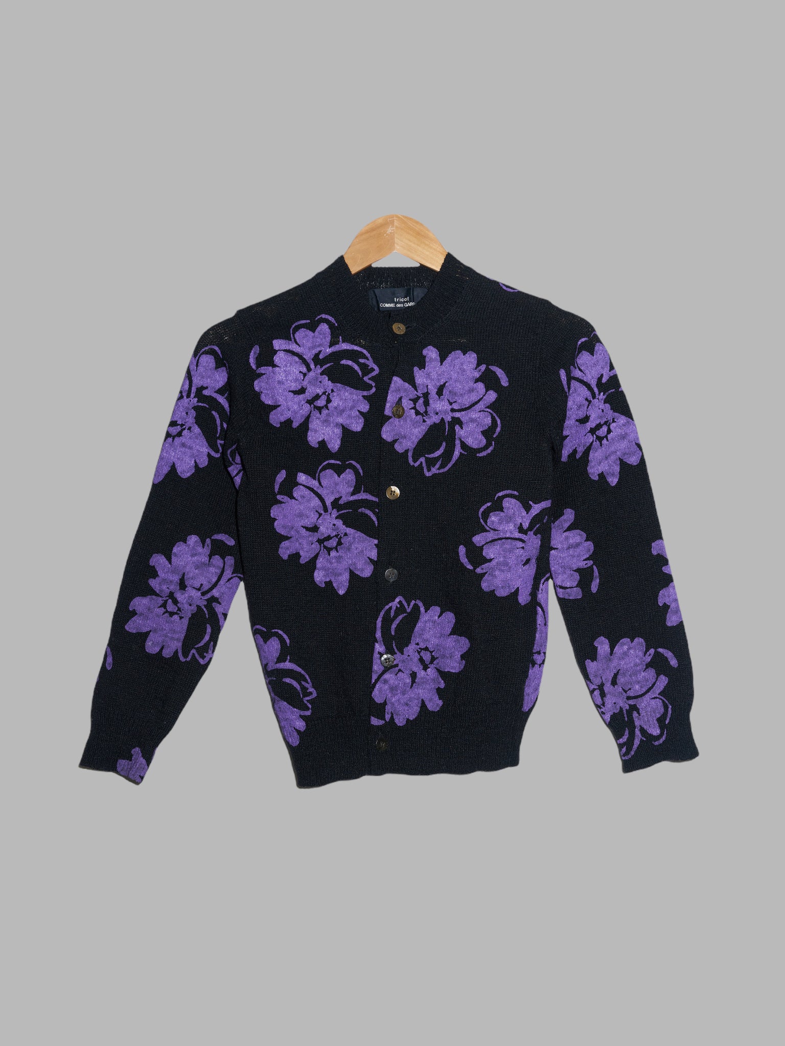 Tricot Comme des Garcons 1997 black wool cardigan with purple painted flowers