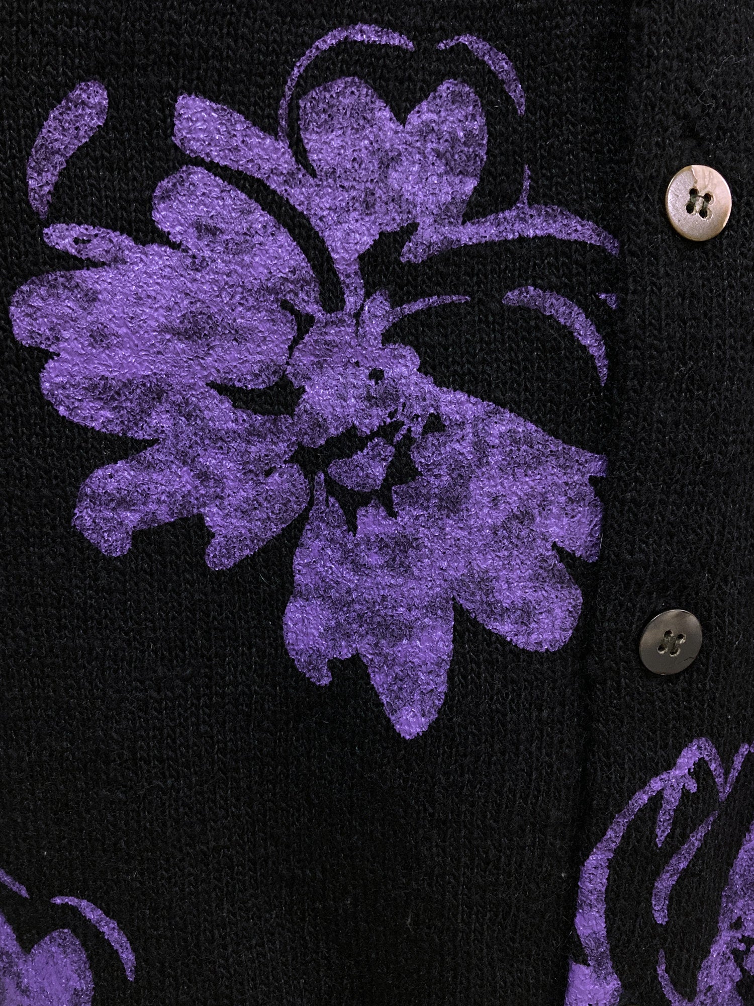 Tricot Comme des Garcons 1997 black wool cardigan with purple painted flowers