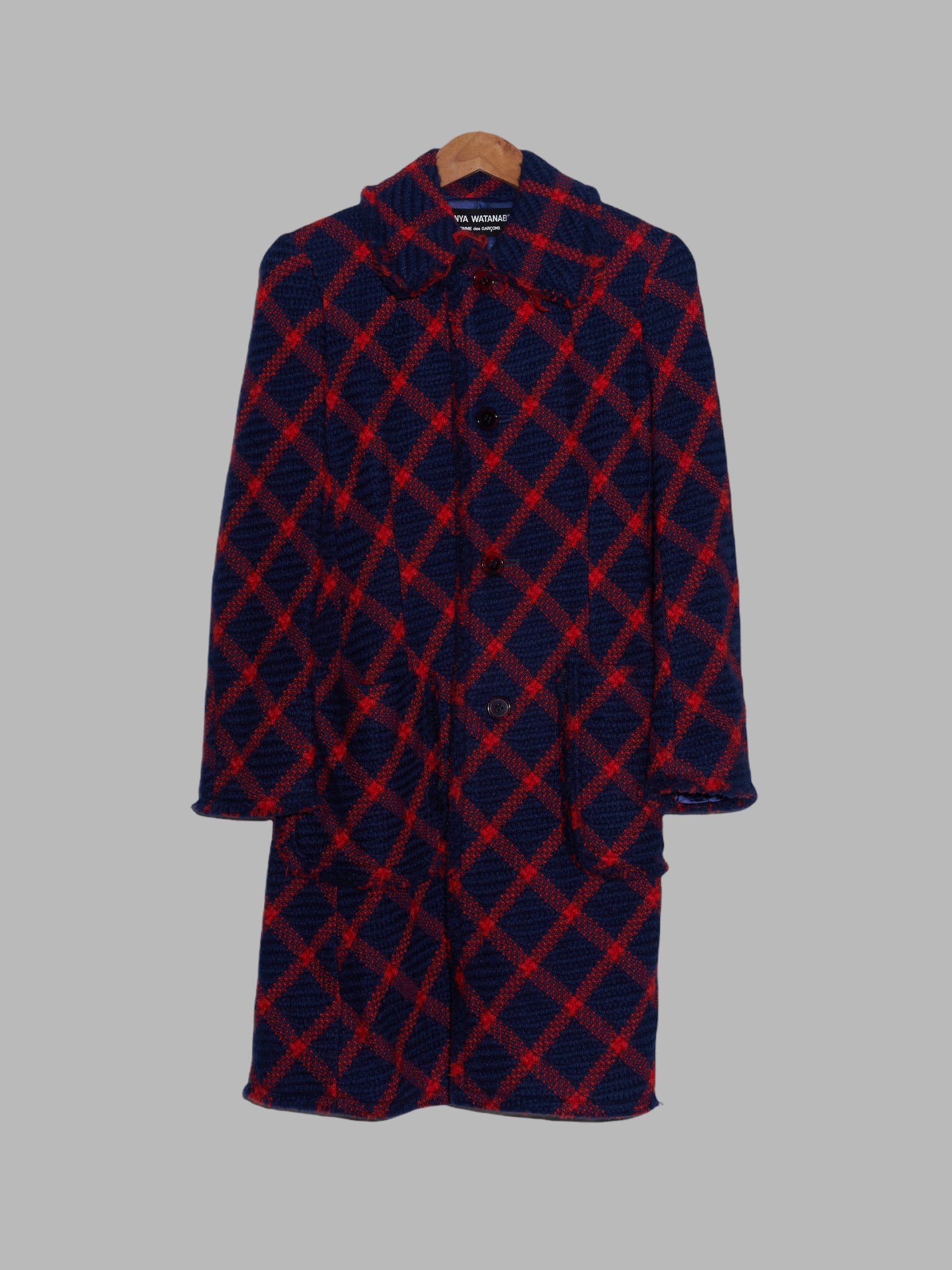 Junya Watanabe Comme des Garcons AW2001 navy red diagonal check wool coat - M S