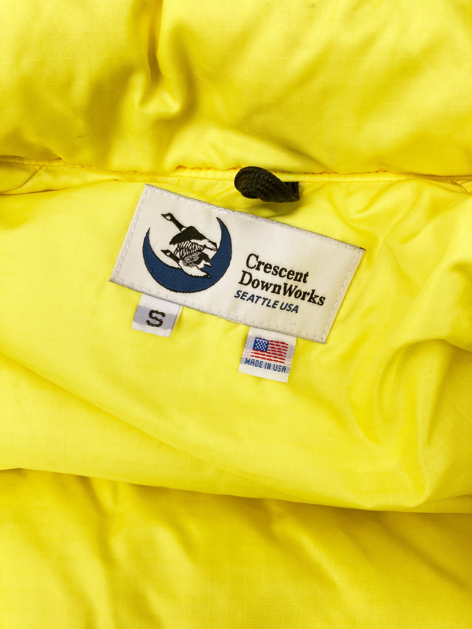 Crescent Down Works bright yellow nylon hooded down puffer jacket