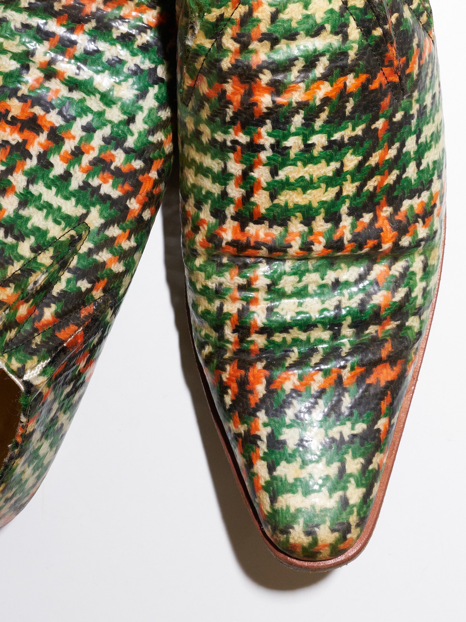 Junya Watanabe Comme des Garcons AW2001 green orange tweed plastic covered shoes
