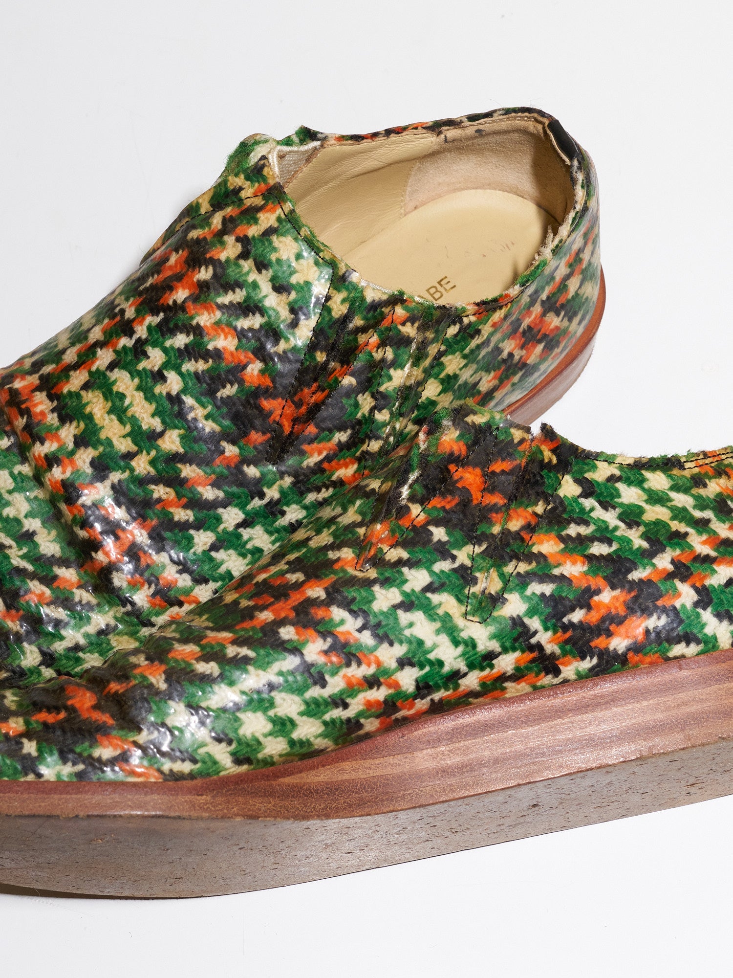 Junya Watanabe Comme des Garcons AW2001 green orange tweed plastic covered shoes
